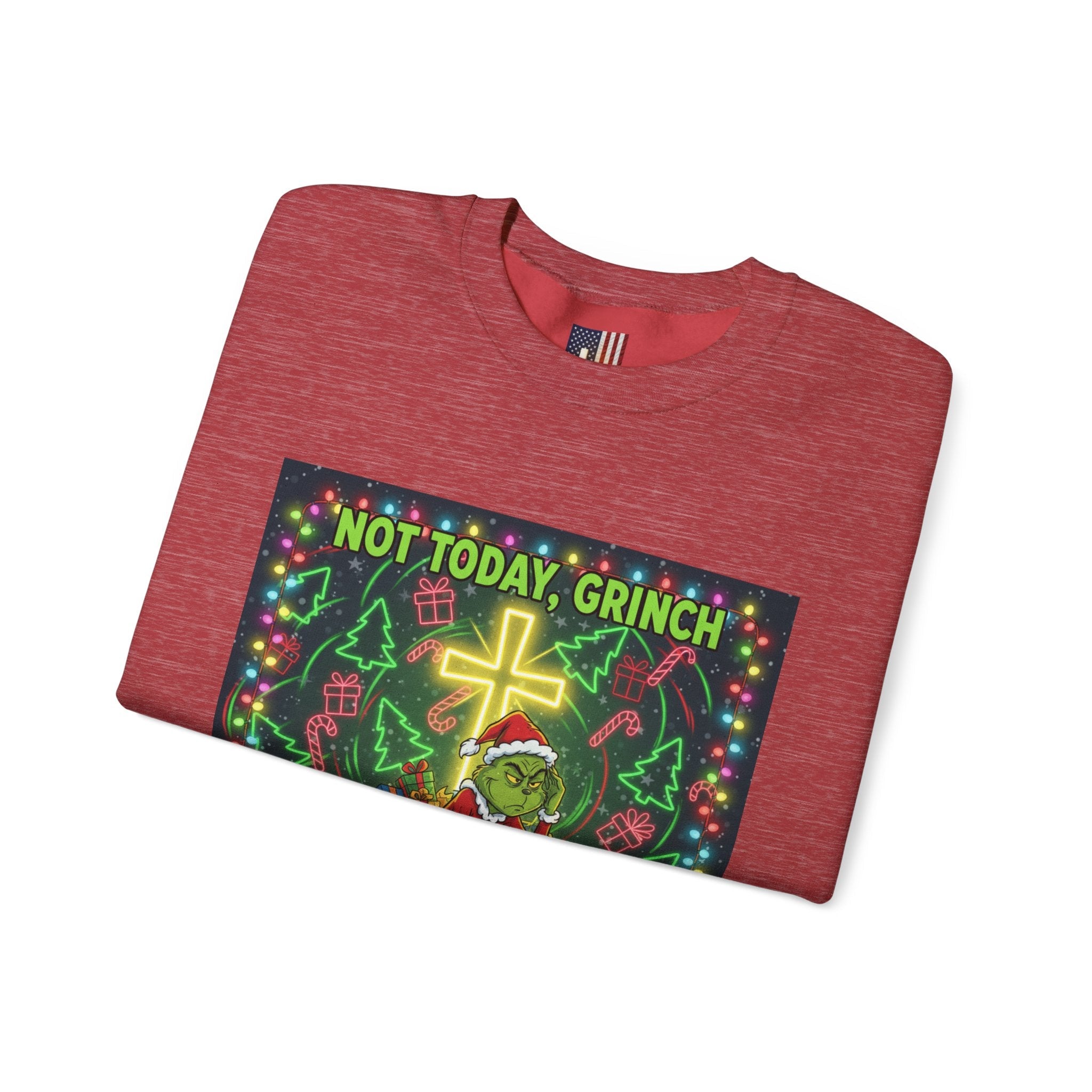🎄 Not Today, Grinch – Jesus Saves | Funny Christian Christmas Sweatshirt | Festive Green & Red Cartoon Style | Bold Faith Holiday Tee by Uplifted Gear Printify