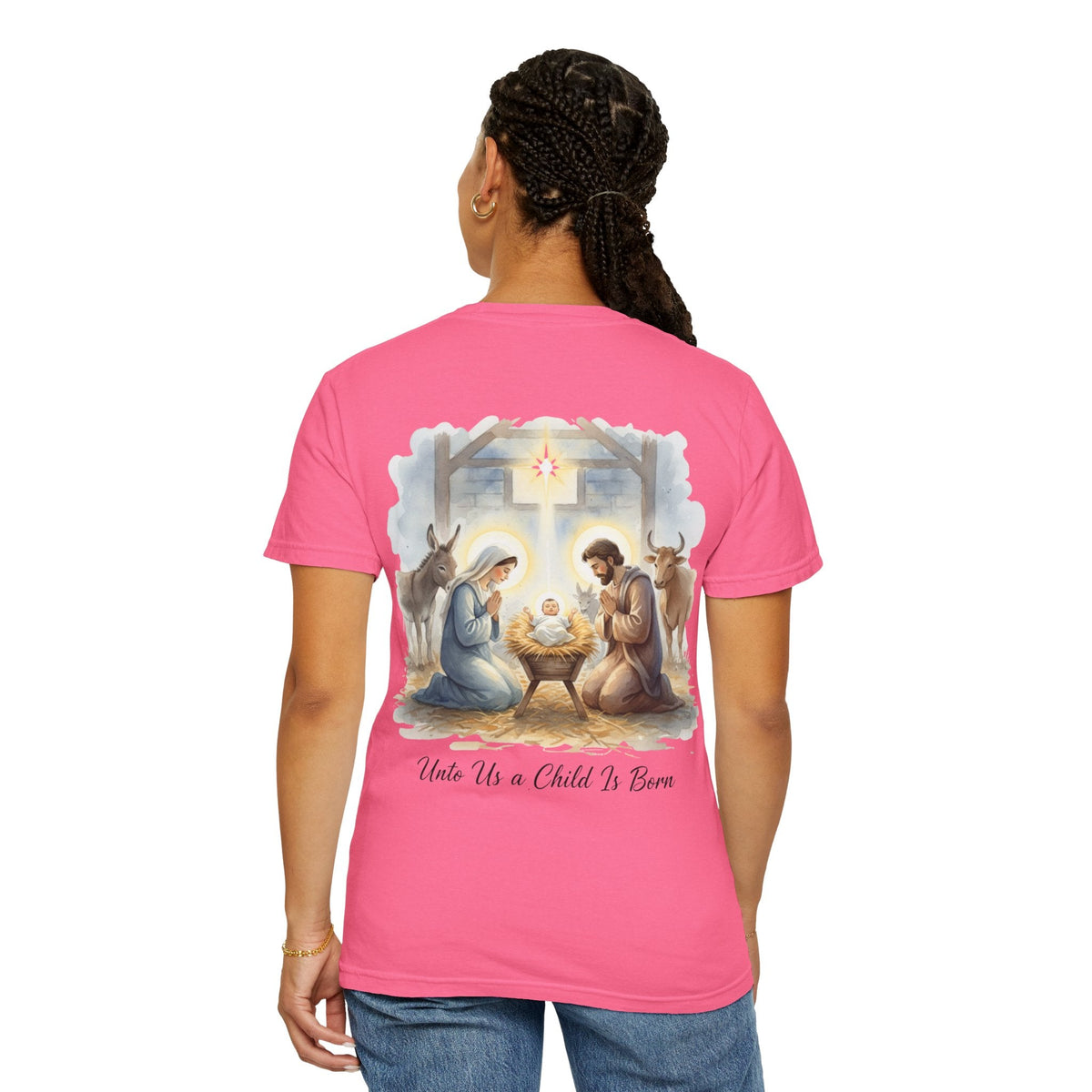 Unto Us a Child is Born T-shirt – Isaiah 9:6 Nativity Manger Scene Christian Christmas T-shirt for Holy Night Faith Printify