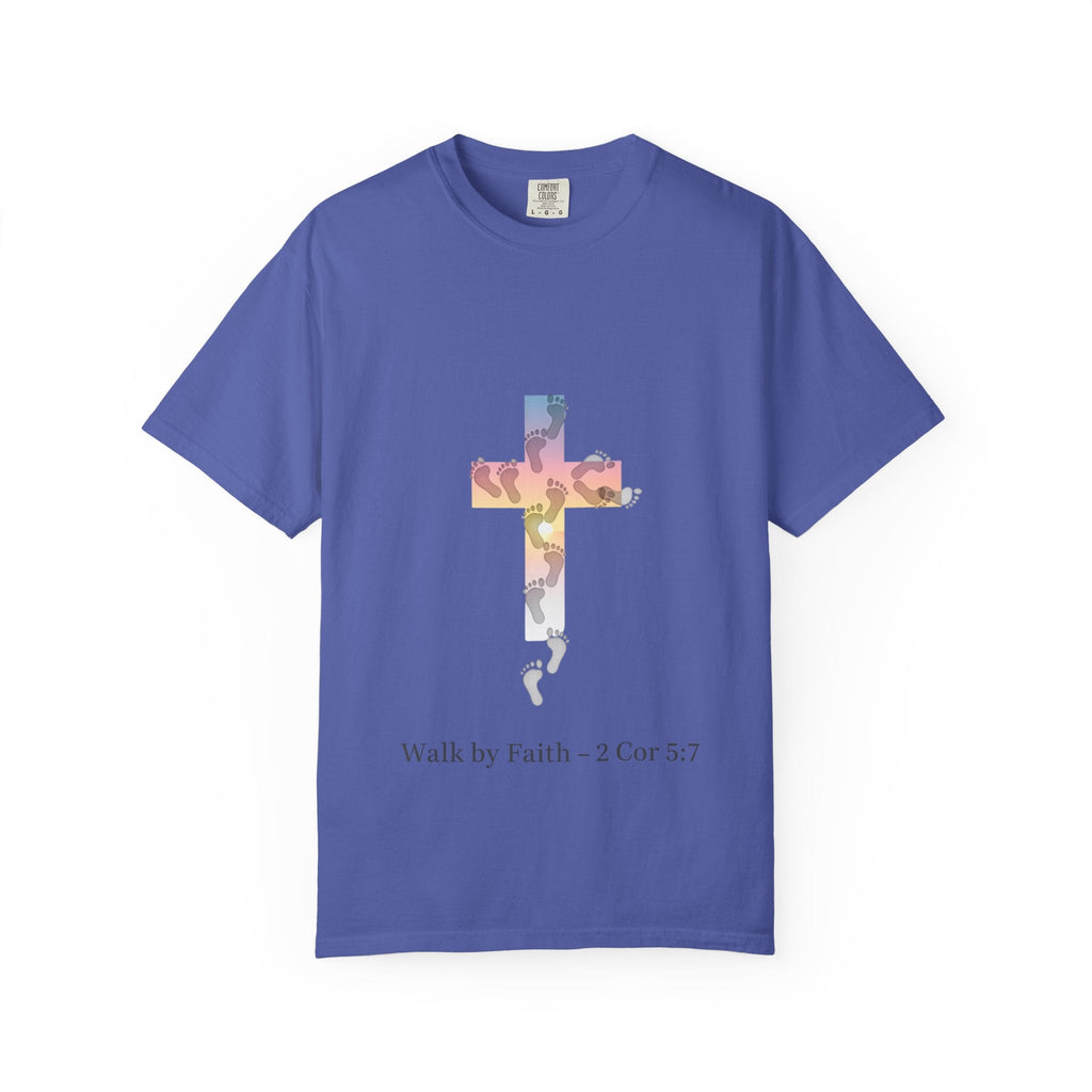 Walk by Faith T-Shirt – Cross & Footprints Christian Tee for Bold Believers Printify