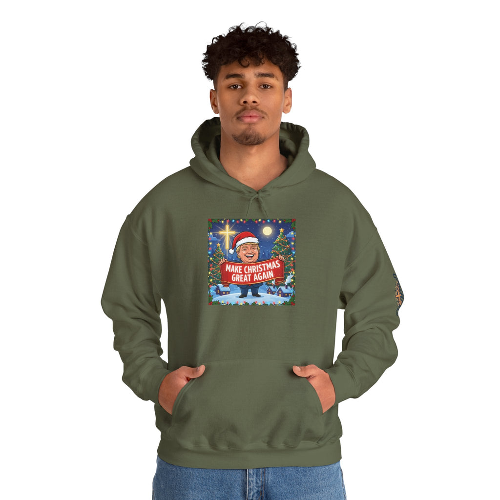 🎄 Make Christmas Great Again – Patriotic Christian Christmas Hoodie | Bold Holiday Faith Tee | Red & White Banner Design | Uplifted Gear Printify