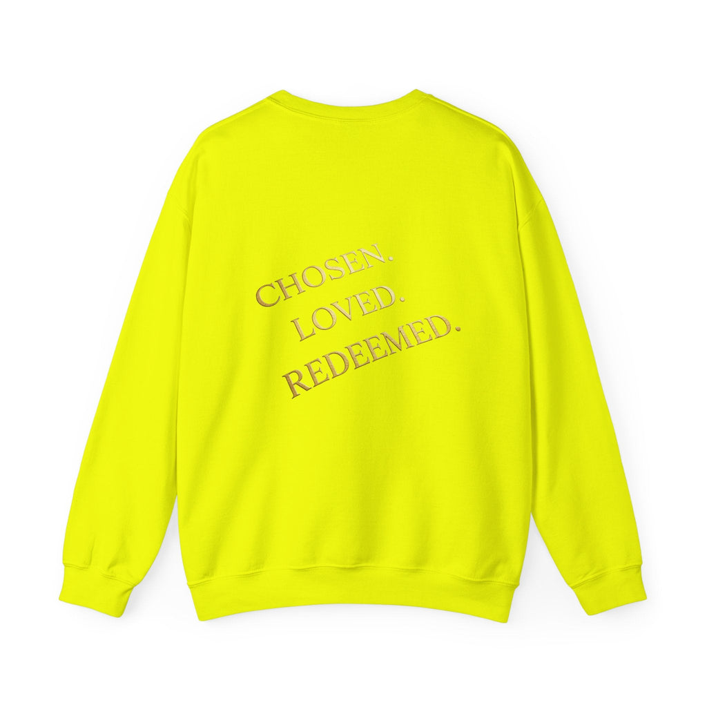 ✨ Chosen. Loved. Redeemed. – Elegant Christian Sweatshirt | Gold Foil Faith Tee | Subtle Cross & Heart Design | Inspirational Bible Verse Apparel by Uplifted Gear Printify