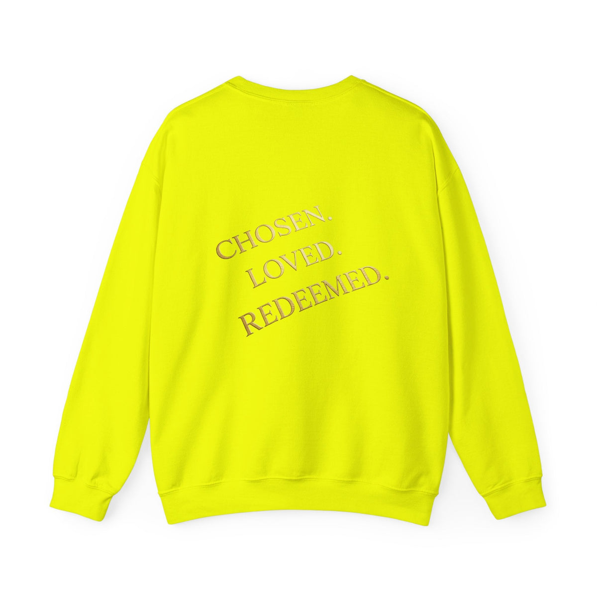✨ Chosen. Loved. Redeemed. – Elegant Christian Sweatshirt | Gold Foil Faith Tee | Subtle Cross & Heart Design | Inspirational Bible Verse Apparel by Uplifted Gear Printify