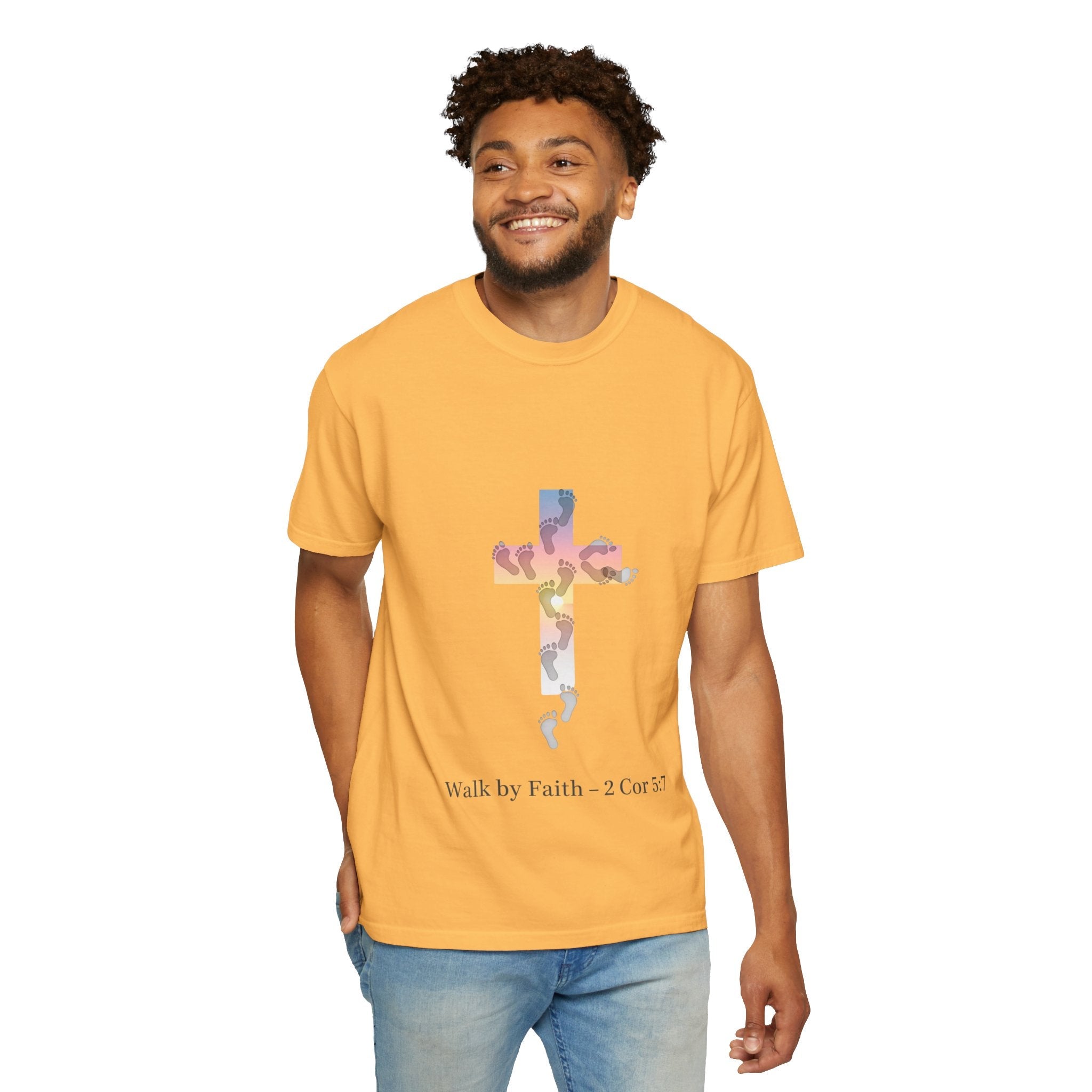 Walk by Faith T-Shirt – Cross & Footprints Christian Tee for Bold Believers Printify
