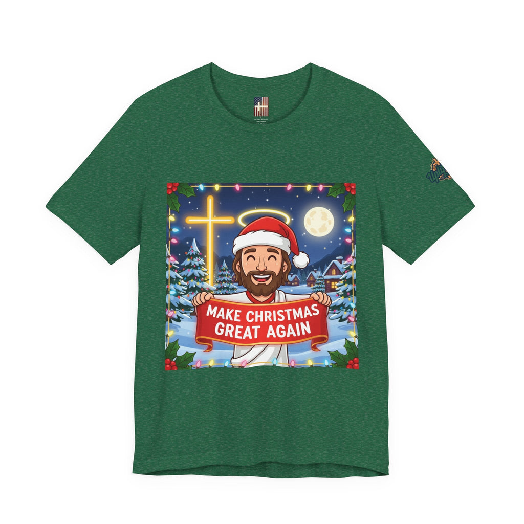 🎄 Make Christmas Great Again – Funny Christian T-Shirt | Jesus Holding Banner | Faith-Based Holiday Parody Tee | Uplifted Gear Printify
