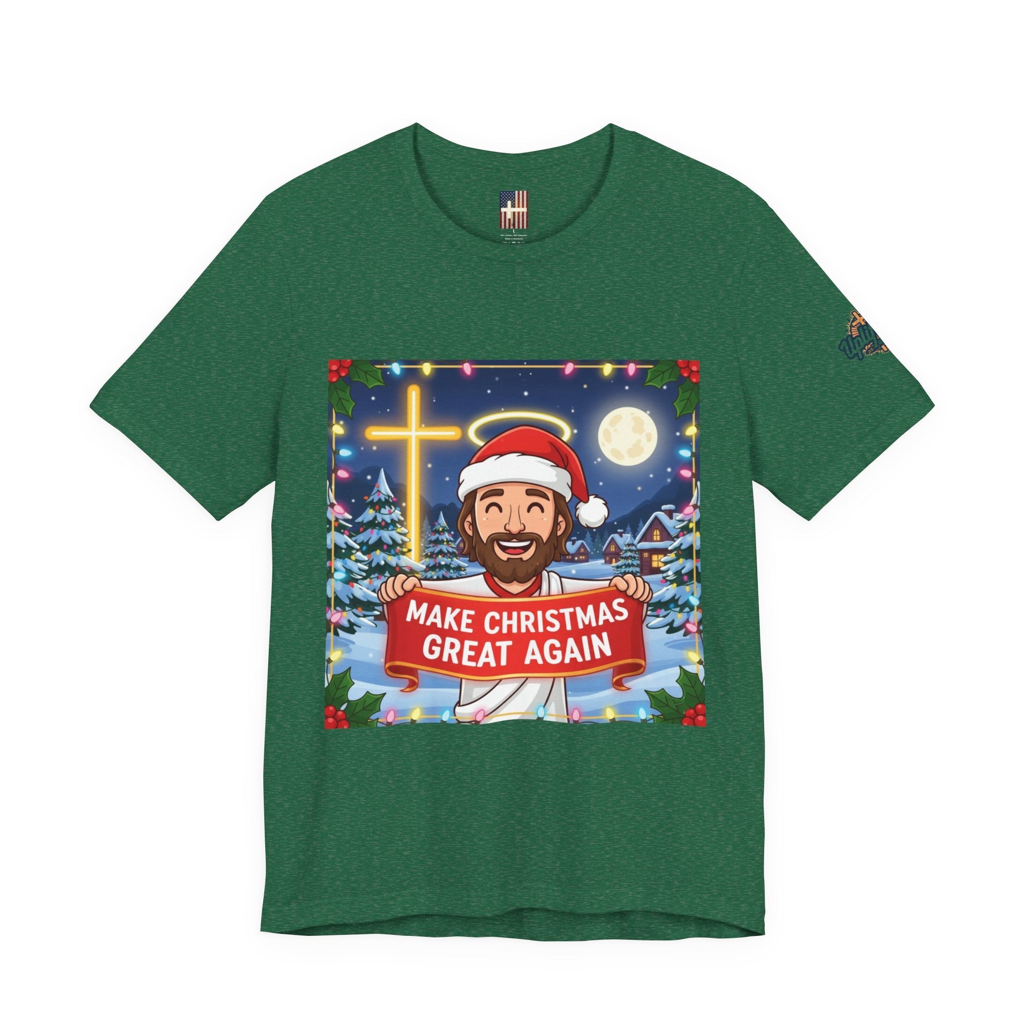 🎄 Make Christmas Great Again – Funny Christian T-Shirt | Jesus Holding Banner | Faith-Based Holiday Parody Tee | Uplifted Gear Printify