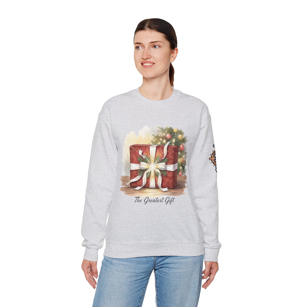The Greatest Gift Sweatshirt – Cross Bow Present Christian Sweatshirt for Christmas Salvation & Eternal Faith Printify