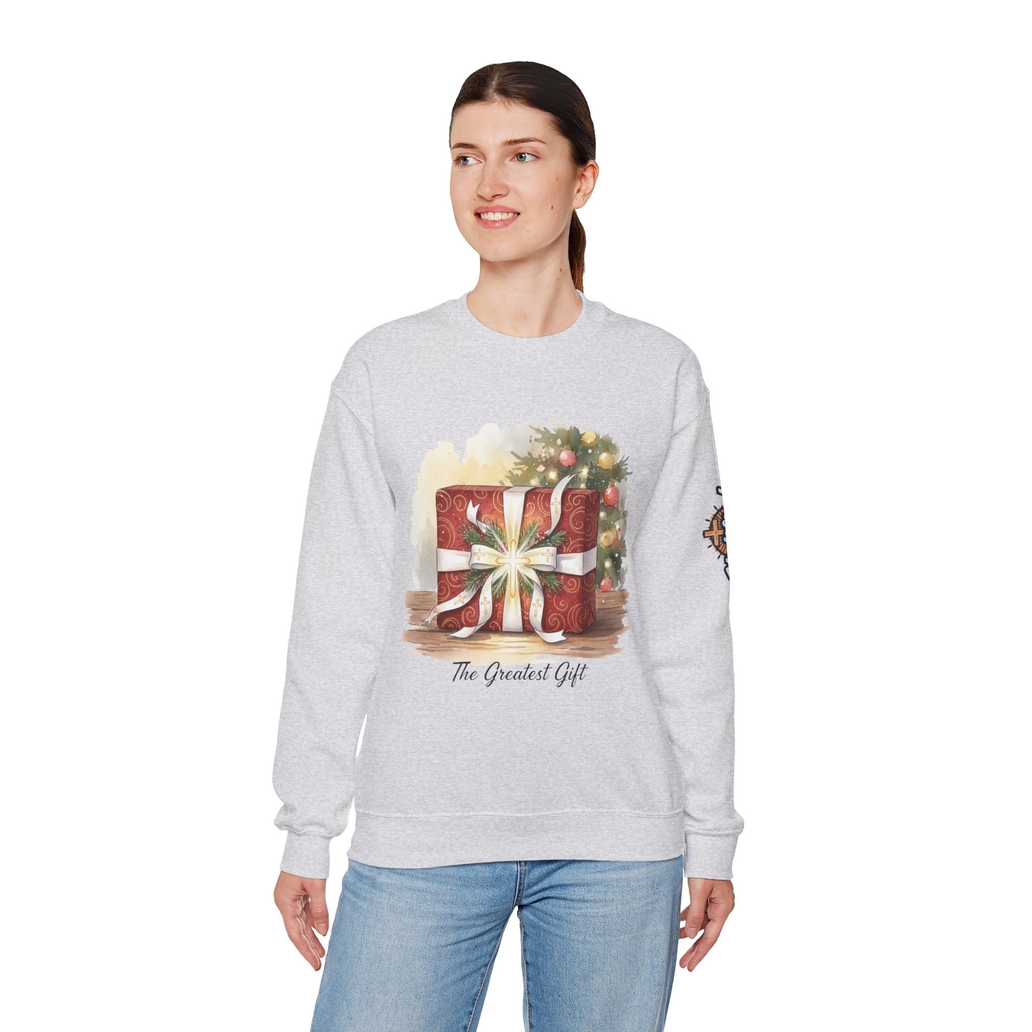 The Greatest Gift Sweatshirt – Cross Bow Present Christian Sweatshirt for Christmas Salvation & Eternal Faith Printify