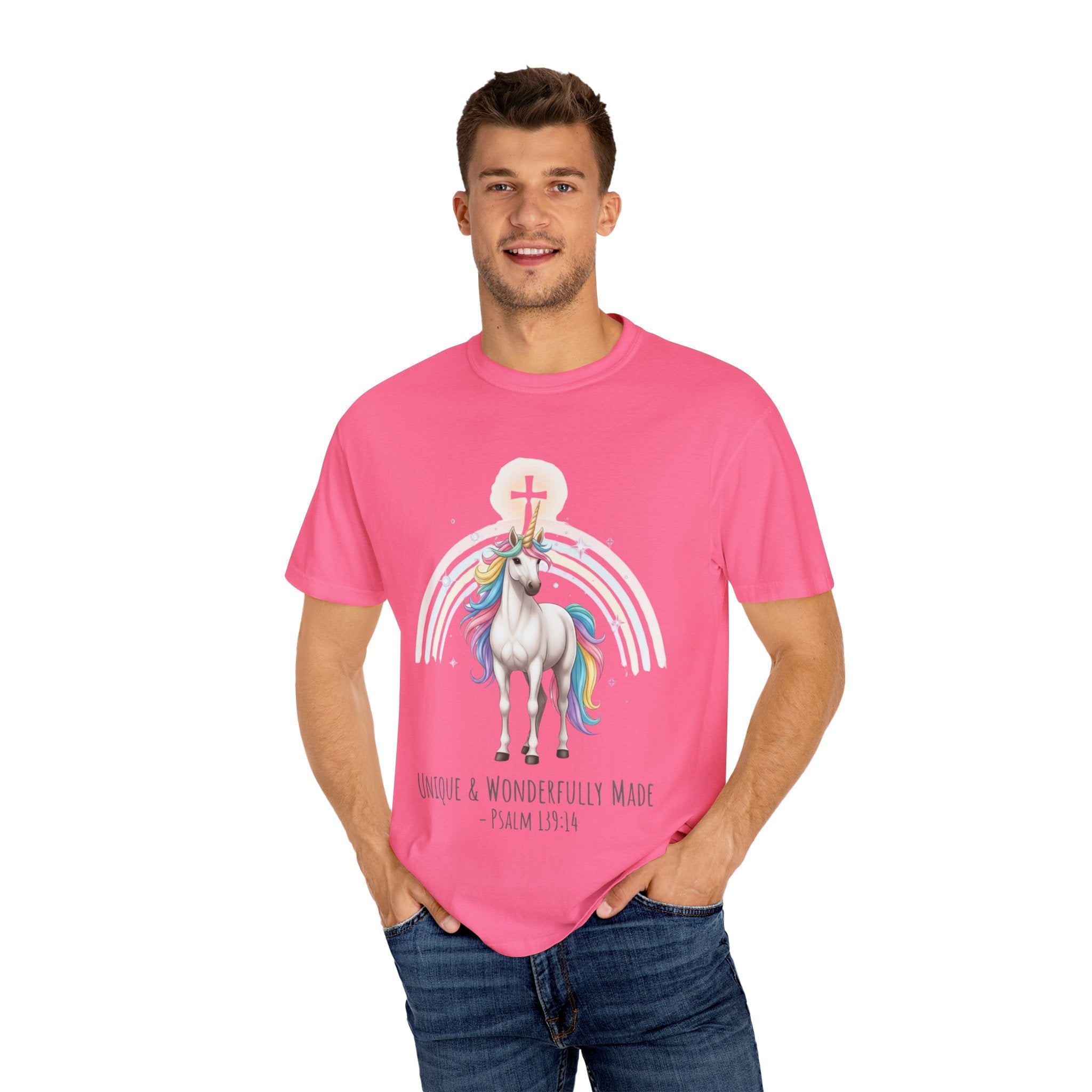 Unique Unicorn Christian T-Shirt – Wonderfully Made with Rainbow Cross & Psalm 139:14 Printify