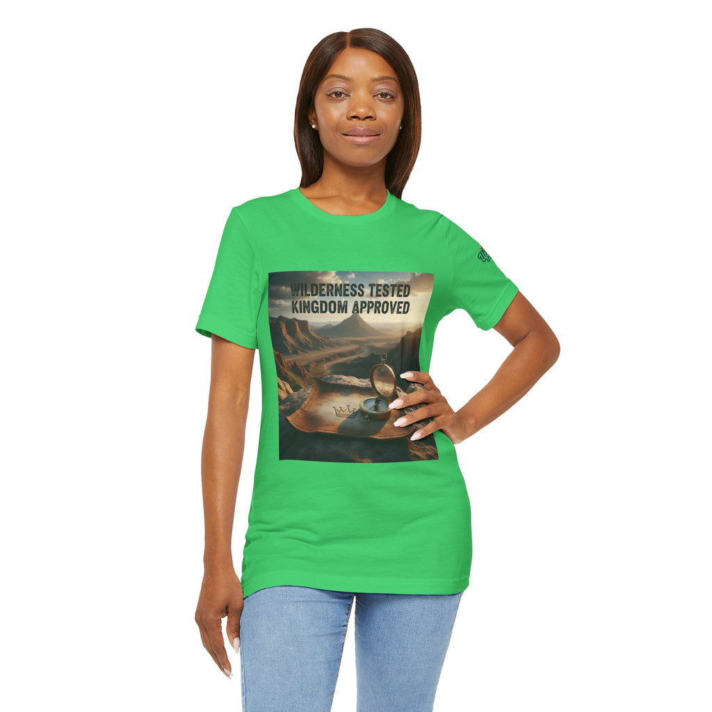 Wilderness Tested Kingdom Approved T-shirt – Mountain Desert Compass Crown Christian T-shirt for Biblical Adventure Faith Printify