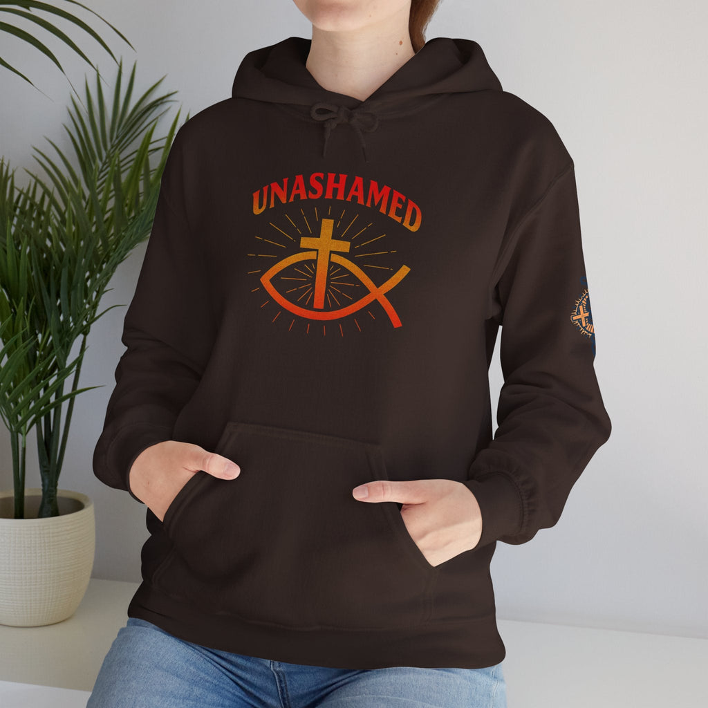 Unashamed Hoodie – Ichthys Jesus Fish & Cross Christian Sweatshirt for Romans 1:16 Bold Faith Printify