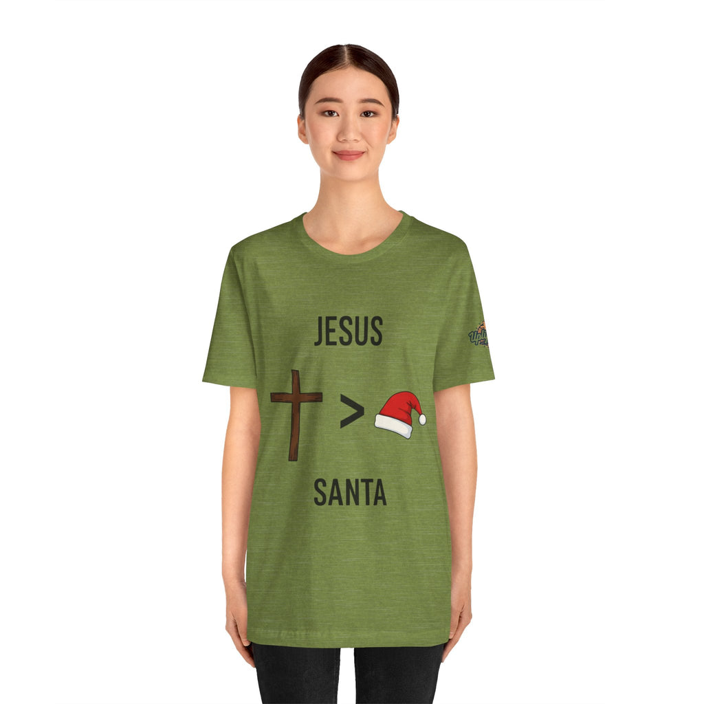 🎄 Jesus > Santa – Minimalist Christian Christmas T-Shirt | Bold Faith Over Holiday Tee | Cross vs Santa Hat Design | Uplifted Gear Printify