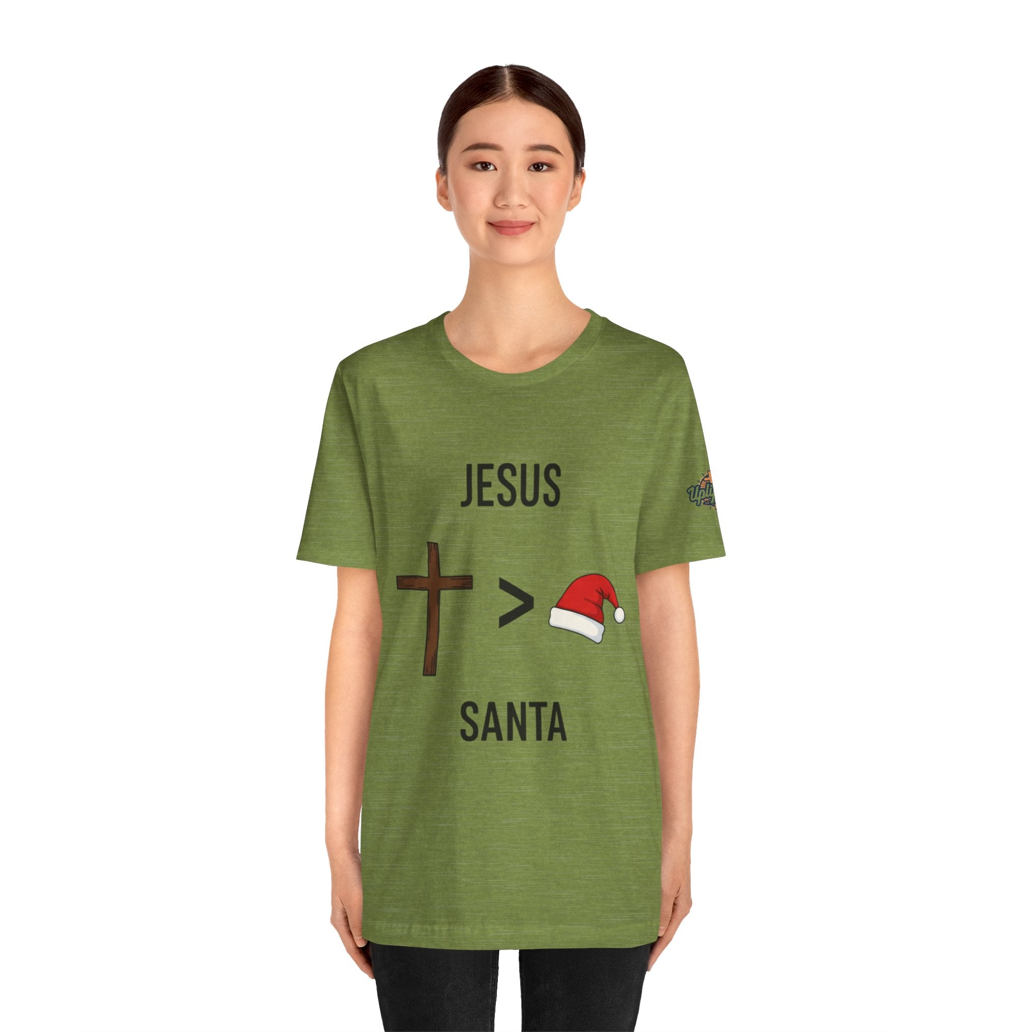 🎄 Jesus > Santa – Minimalist Christian Christmas T-Shirt | Bold Faith Over Holiday Tee | Cross vs Santa Hat Design | Uplifted Gear Printify