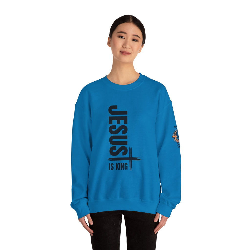 Jesus Is King Sweatshirt | Modern Typographic Cross Christian Sweatshirt Printify