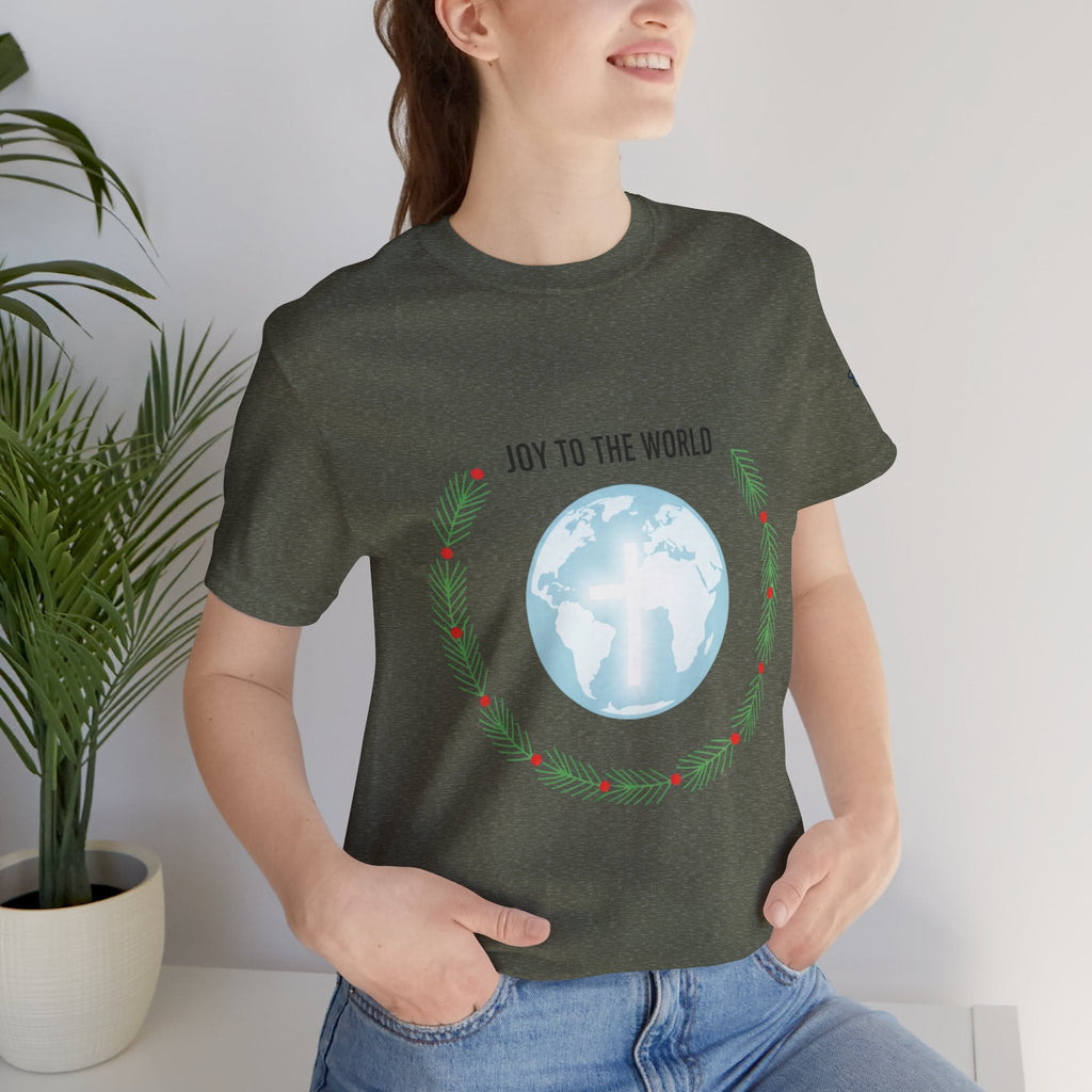 Joy to the World T-shirt – Wreath Earth Nativity Christian Christmas T-shirt for Isaiah 9:6 Holiday Faith & Festive Joy Printify
