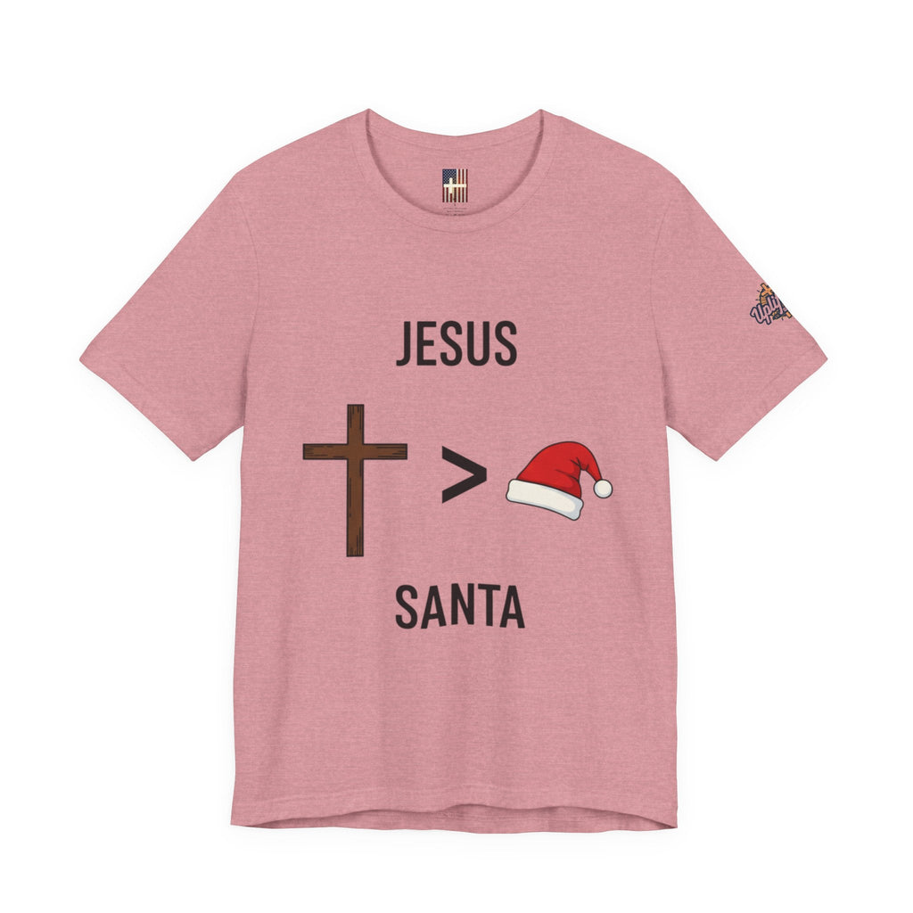 🎄 Jesus > Santa – Minimalist Christian Christmas T-Shirt | Bold Faith Over Holiday Tee | Cross vs Santa Hat Design | Uplifted Gear Printify