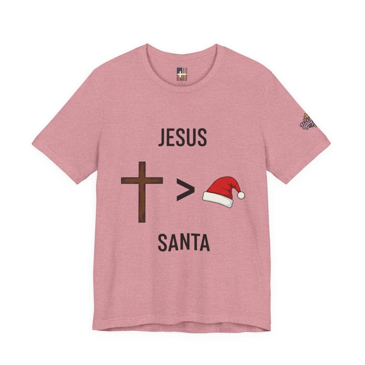 🎄 Jesus > Santa – Minimalist Christian Christmas T-Shirt | Bold Faith Over Holiday Tee | Cross vs Santa Hat Design | Uplifted Gear Printify
