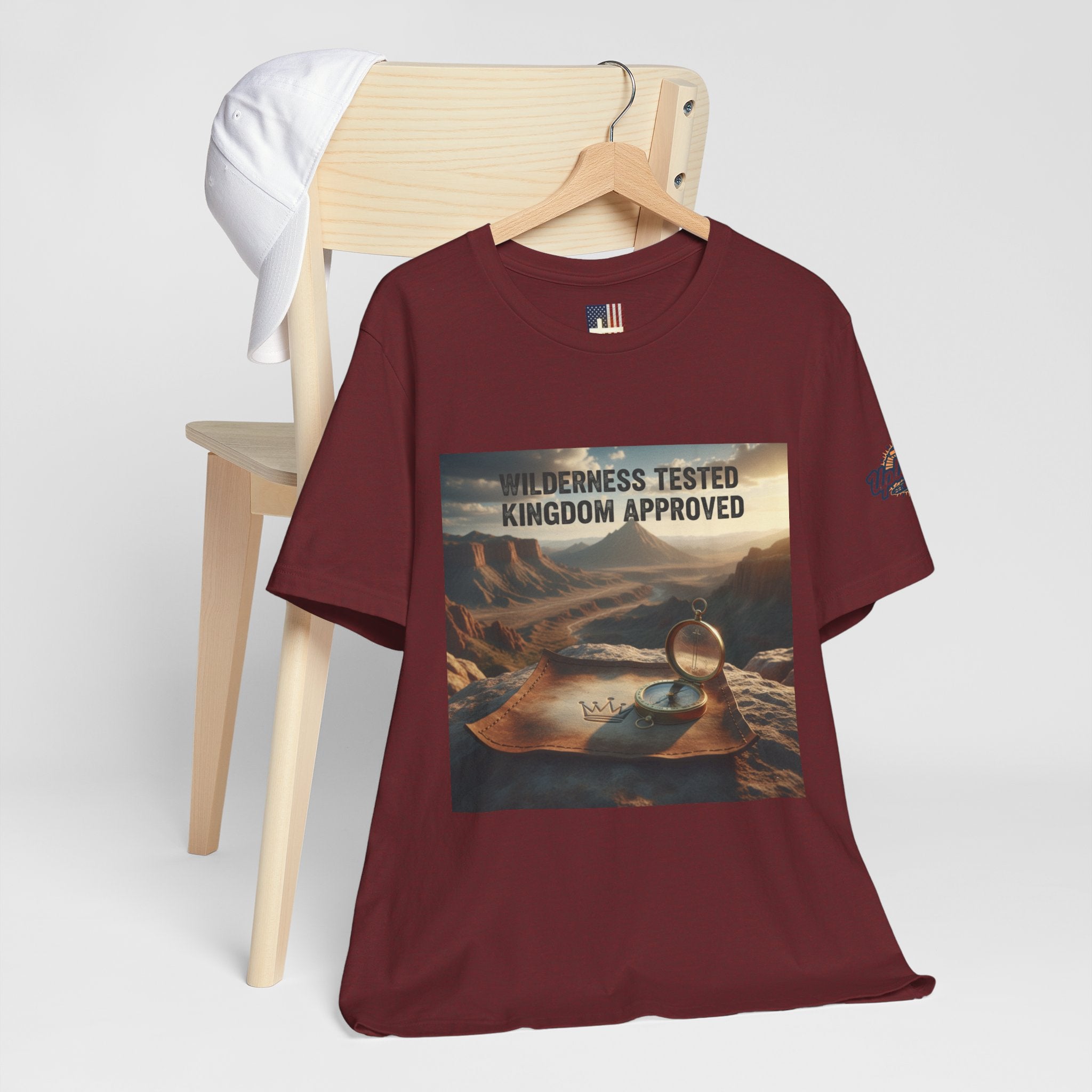 Wilderness Tested Kingdom Approved T-shirt – Mountain Desert Compass Crown Christian T-shirt for Biblical Adventure Faith Printify