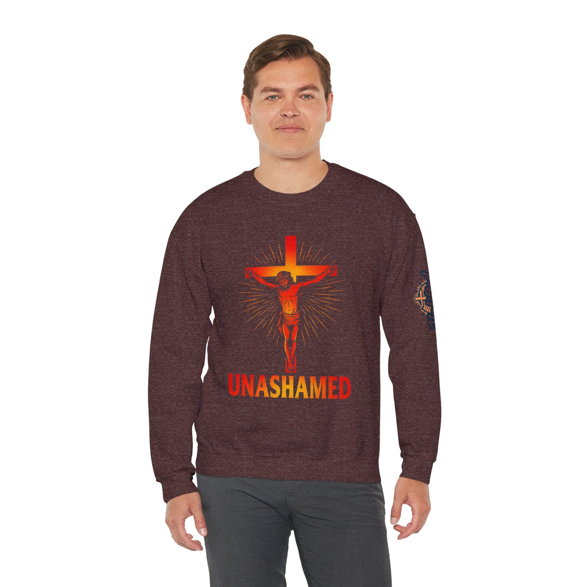 Unashamed Sweatshirt – Romans 1:16 Crucifixion Christian Sweatshirt for Bold Unwavering Faith Printify