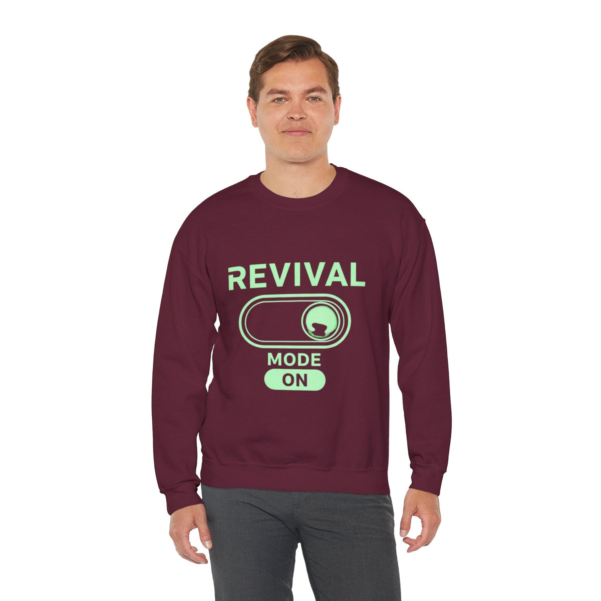 🔥 Revival Mode: ON – Christian Techwear Sweatshirt | Glowing Green Faith Switch | Futuristic Jesus Shirt | Activate Your Spiritual Awakening | Uplifted Gear Printify
