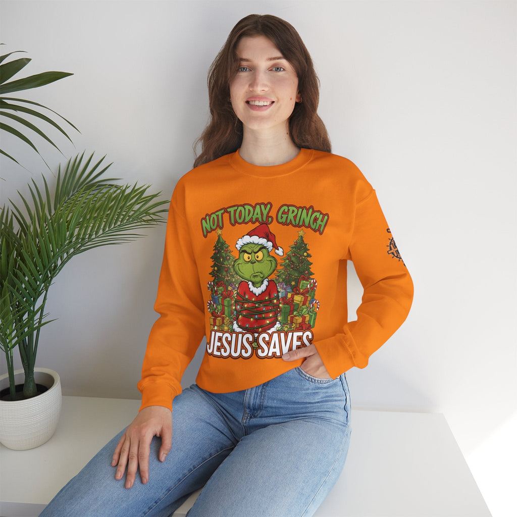🎄 Not Today, Grinch – Jesus Saves | Funny Christian Christmas Sweatshirt | Sulking Grinch & Glowing Cross | Bold Neon Faith Tee by Uplifted Gear Printify