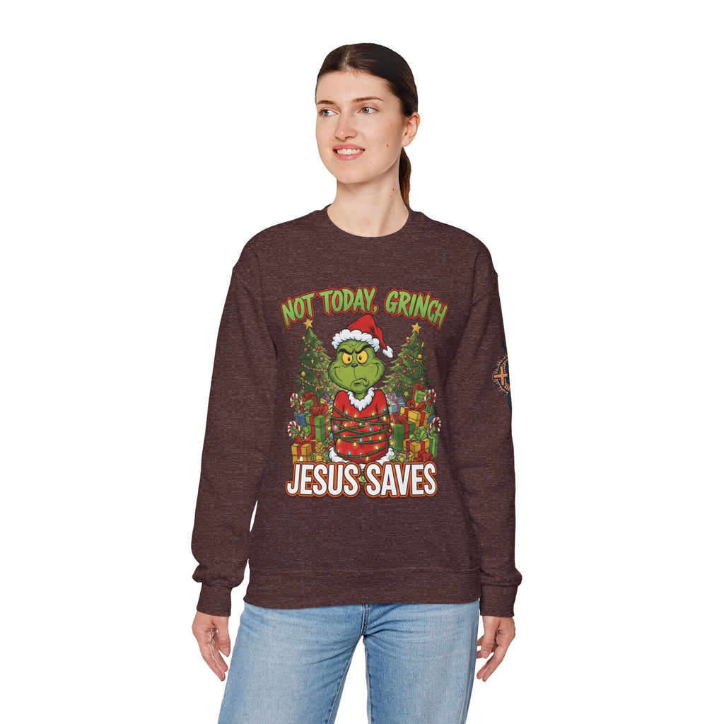 🎄 Not Today, Grinch – Jesus Saves | Funny Christian Christmas Sweatshirt | Sulking Grinch & Glowing Cross | Bold Neon Faith Tee by Uplifted Gear Printify