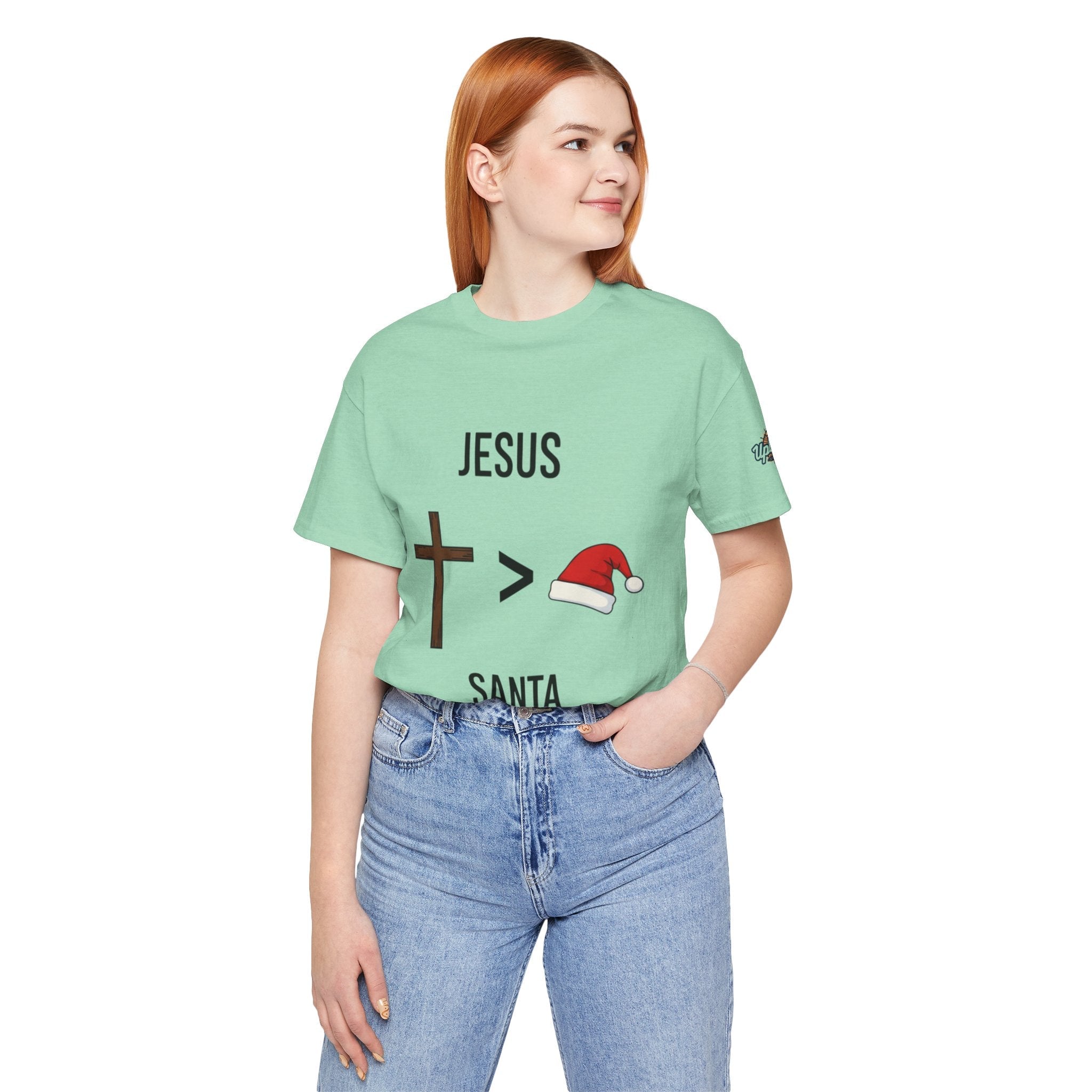 🎄 Jesus > Santa – Minimalist Christian Christmas T-Shirt | Bold Faith Over Holiday Tee | Cross vs Santa Hat Design | Uplifted Gear Printify