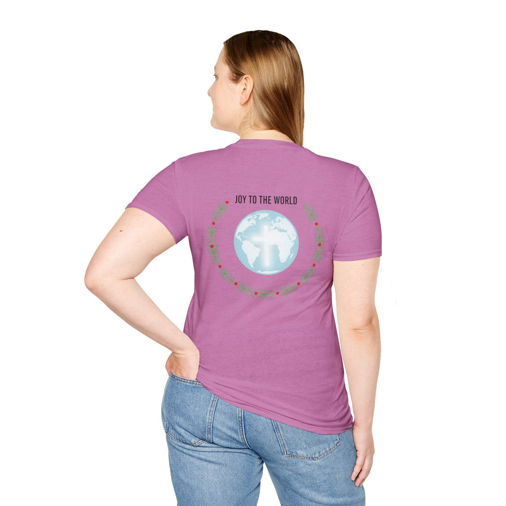 Joy to the World T-shirt – Wreath Earth Nativity Christian Christmas T-shirt for Isaiah 9:6 Holiday Faith & Festive Joy Printify