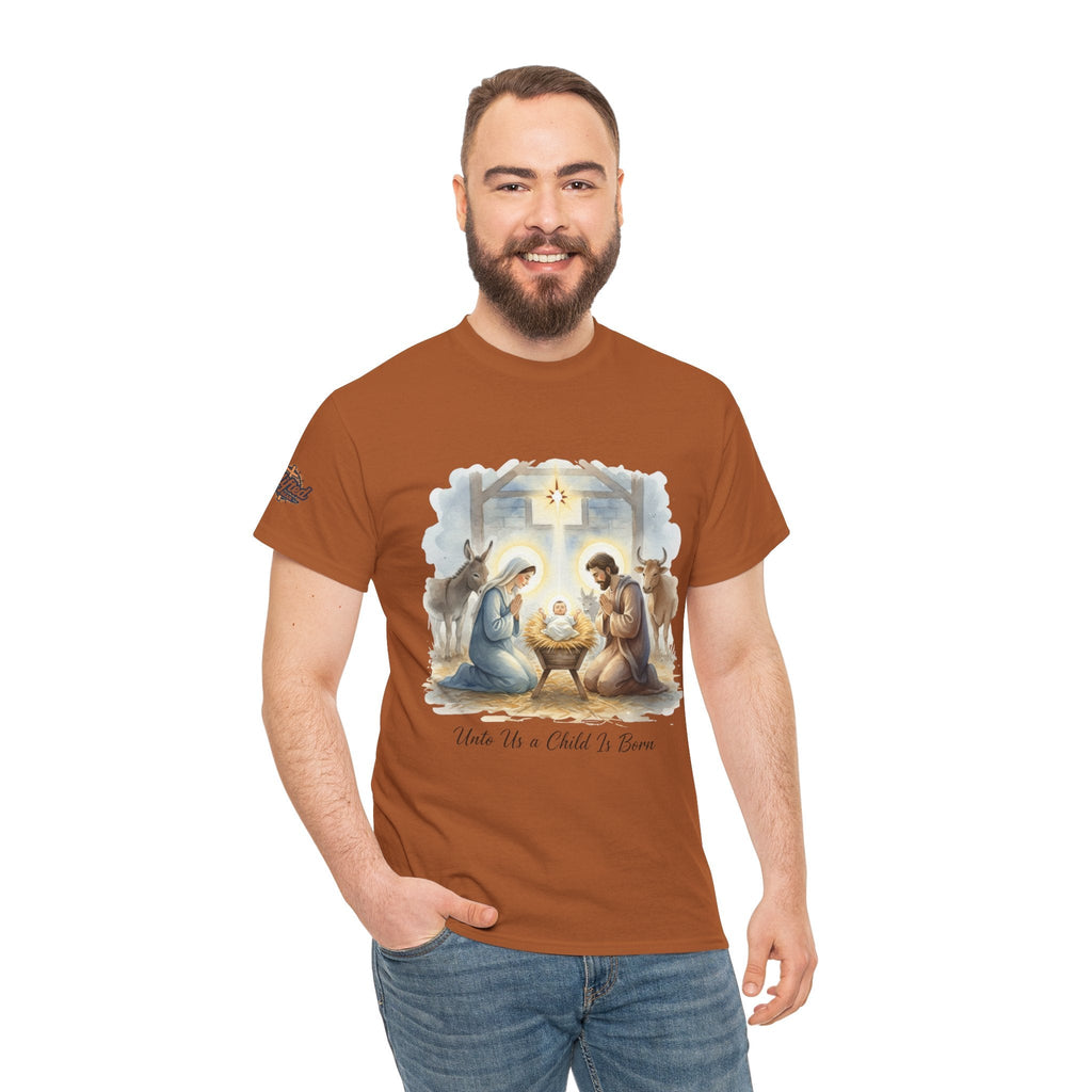 Unto Us a Child is Born T-shirt – Isaiah 9:6 Nativity Manger Scene Christian Christmas T-shirt for Holy Night Faith Printify