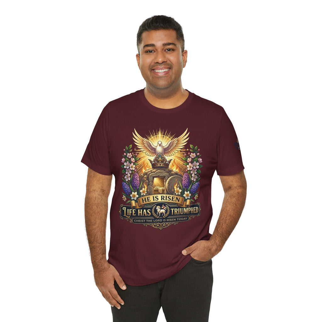 He Is Risen "Life Has Triumphed" T-Shirt — Easter Resurrection Christian Tee Printify