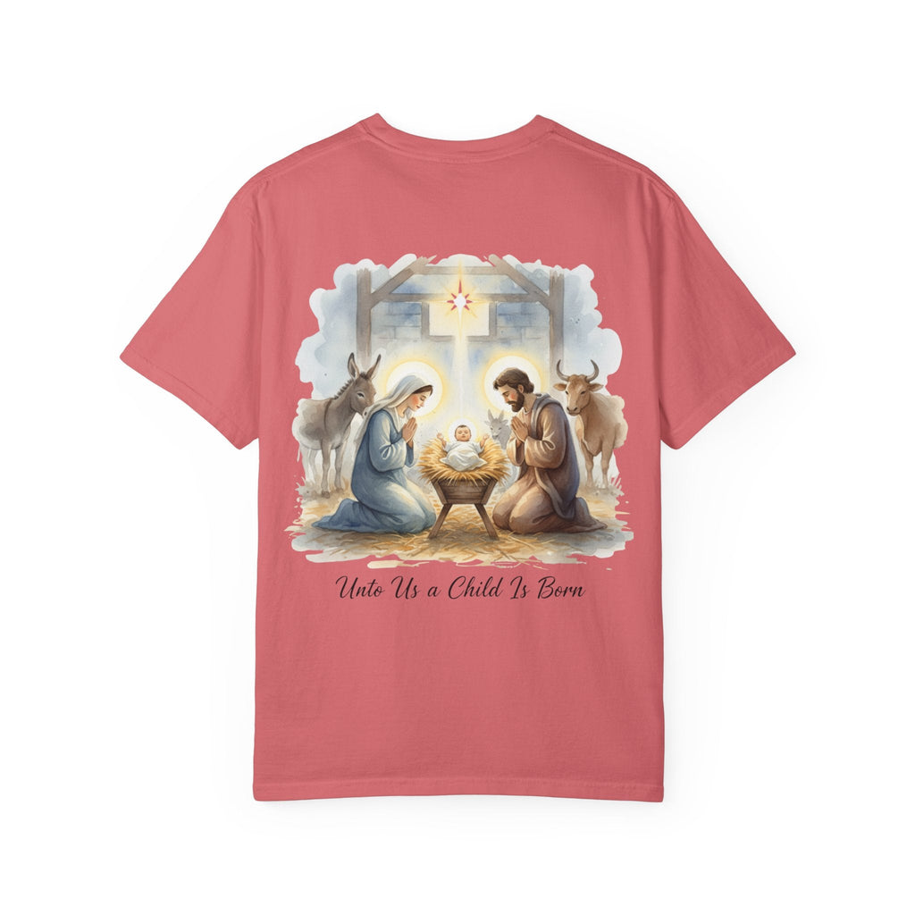 Unto Us a Child is Born T-shirt – Isaiah 9:6 Nativity Manger Scene Christian Christmas T-shirt for Holy Night Faith Printify