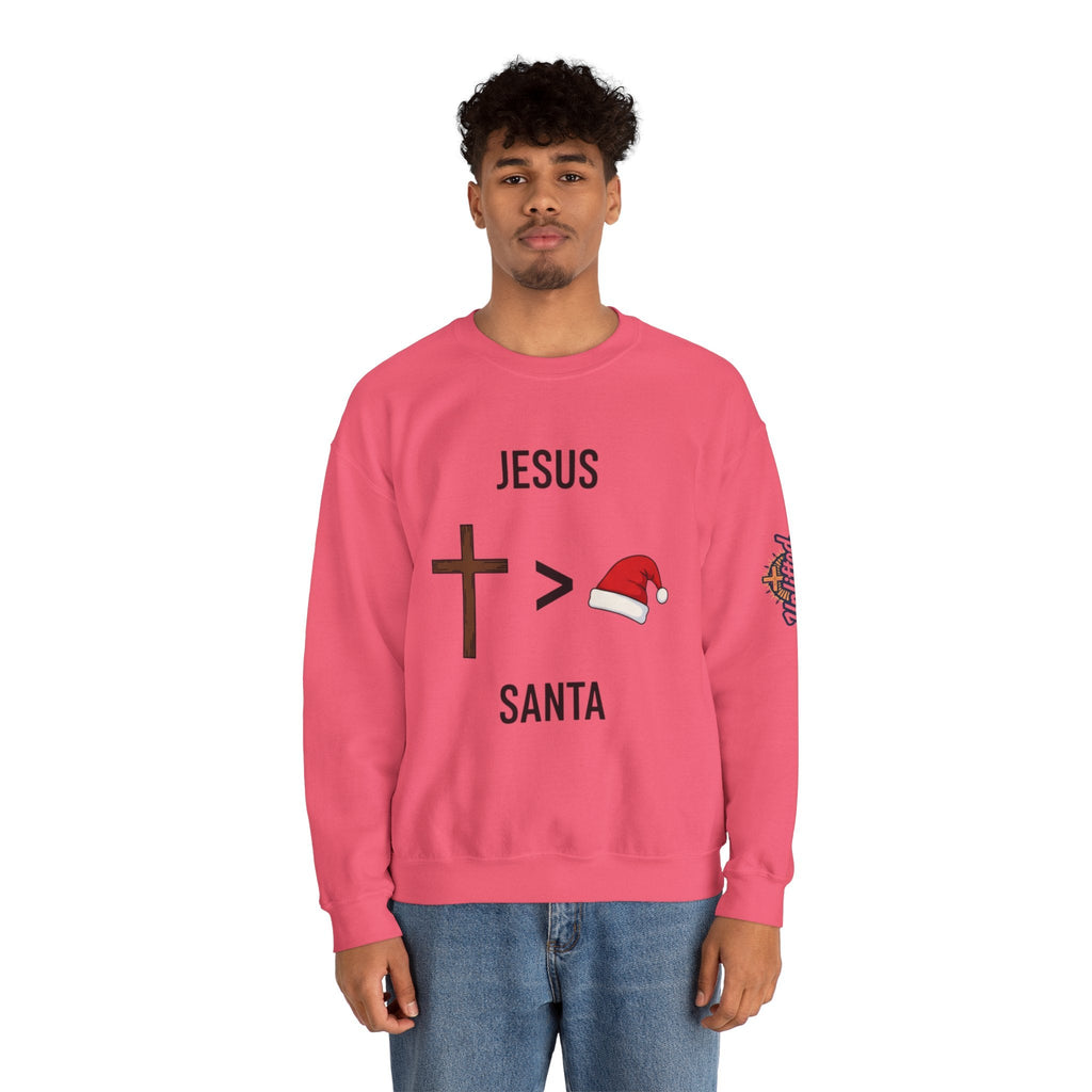 🎄 Jesus > Santa – Minimalist Christian Christmas Sweatshirt | Bold Faith Over Holiday Tee | Cross vs Santa Hat Design | Uplifted Gear Printify
