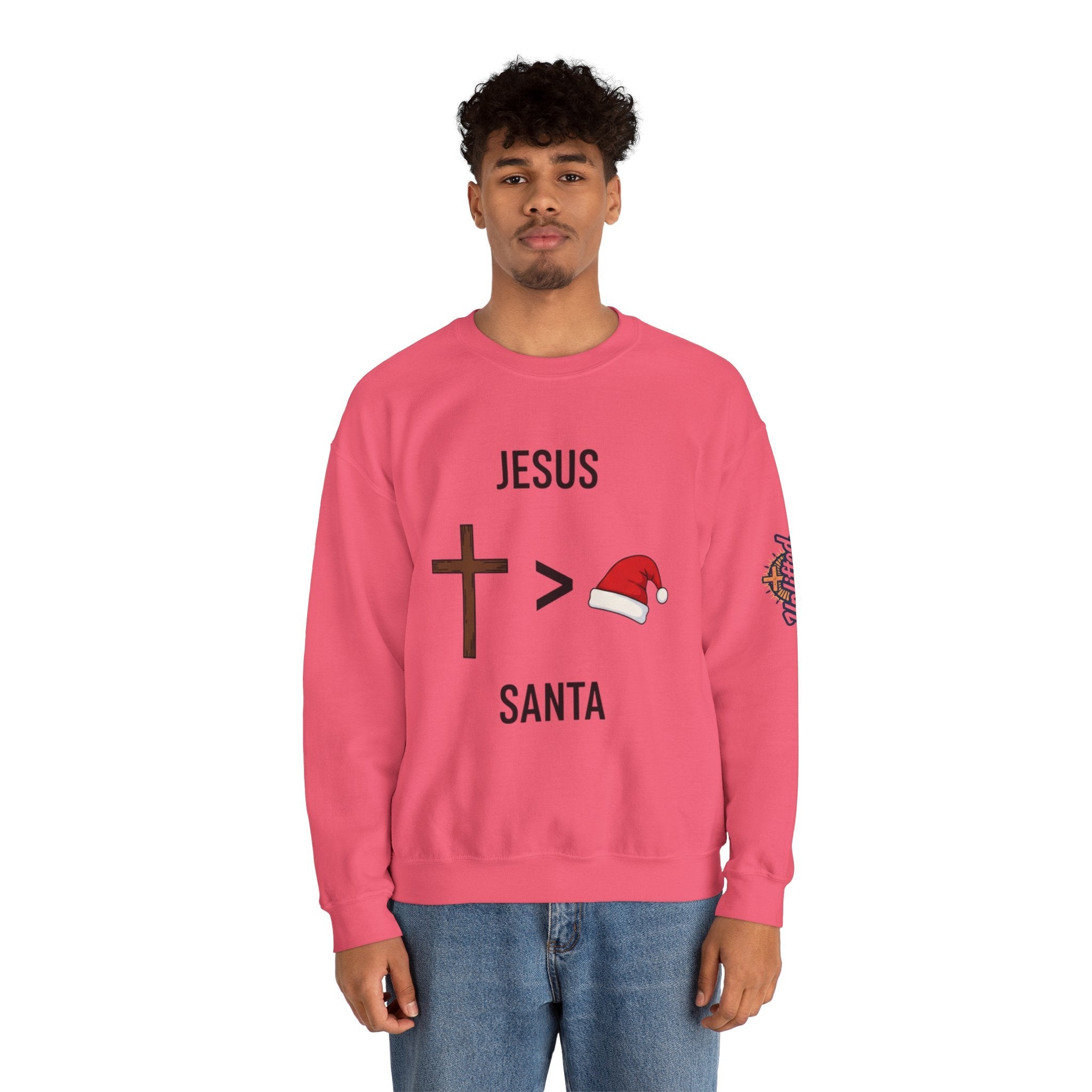 🎄 Jesus > Santa – Minimalist Christian Christmas Sweatshirt | Bold Faith Over Holiday Tee | Cross vs Santa Hat Design | Uplifted Gear Printify