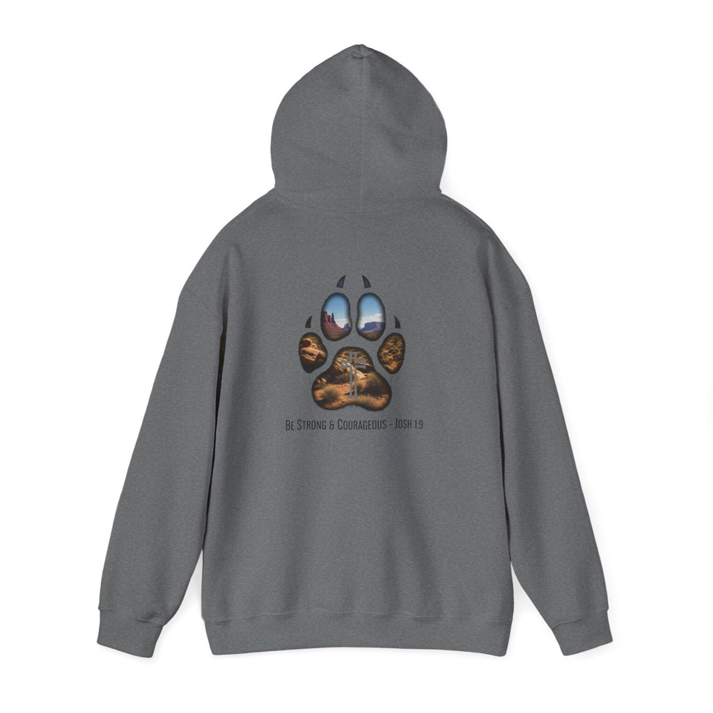 Strong and Courageous Hoodie – Joshua 1:9 Canine Pawprint Desert Christian Hoodie for Dog Lovers Printify