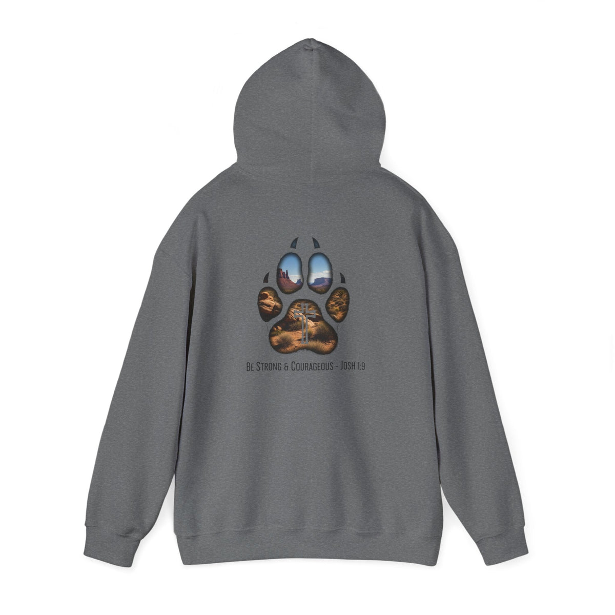 Strong and Courageous Hoodie – Joshua 1:9 Canine Pawprint Desert Christian Hoodie for Dog Lovers Printify