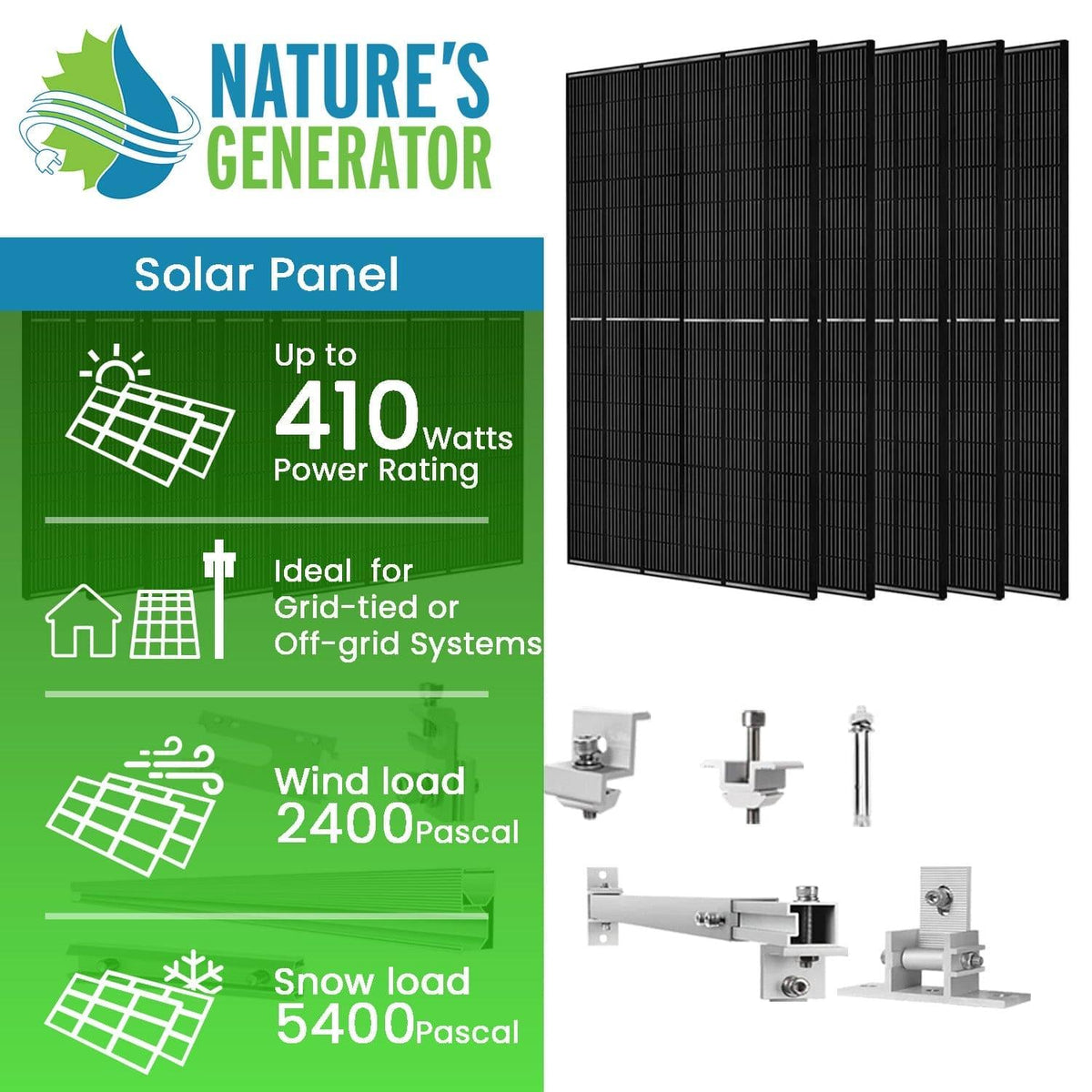 410 Watt Monocrystalline Solar Panel (10 Pack) With Solar Panel Mount Rack Nature's Generator