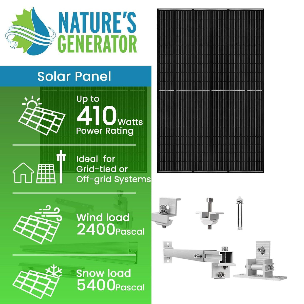 410 Watt Monocrystalline Solar Panel (2 Pack) With Solar Panel Mount Rack Nature's Generator