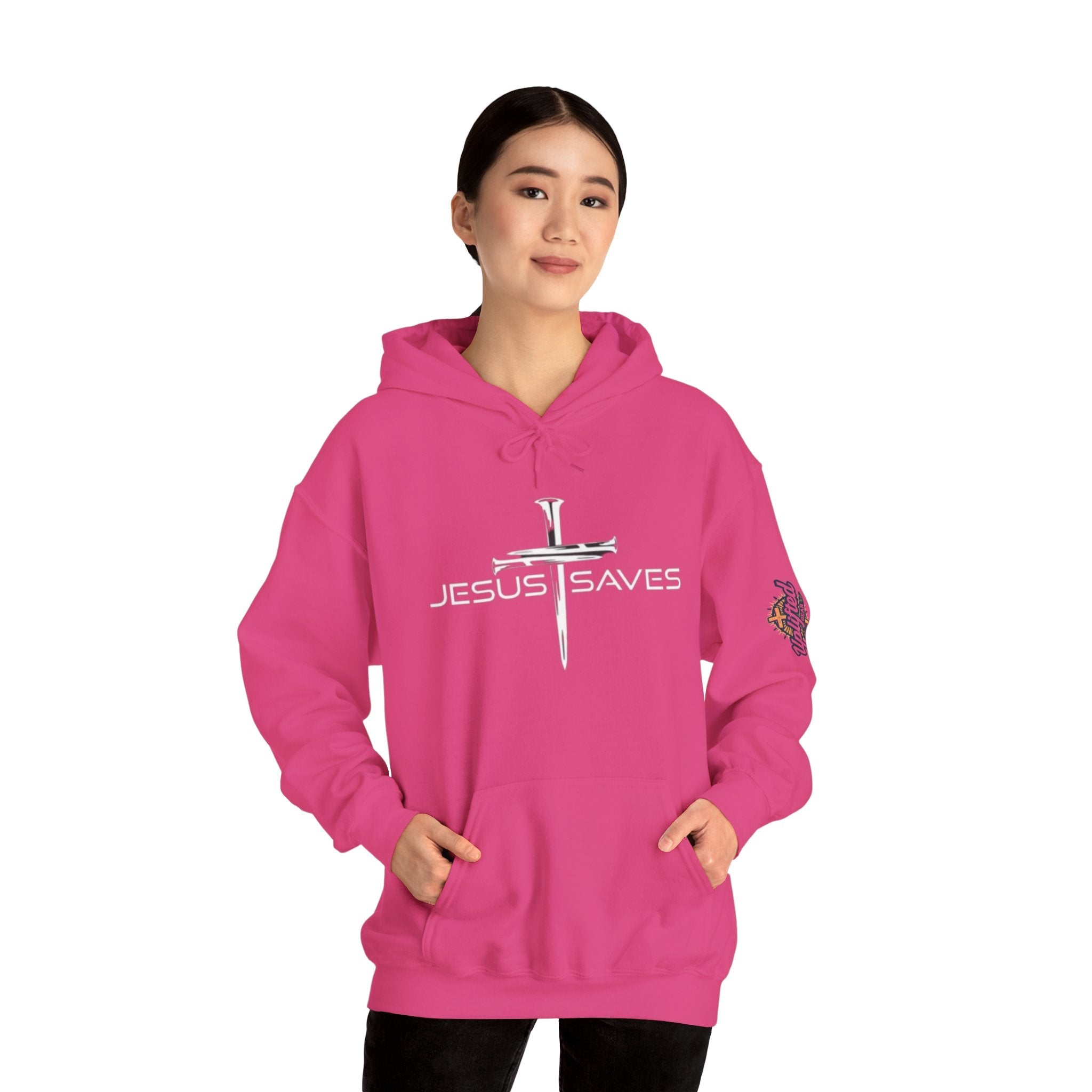 Jesus Saves Hoodie – 3 Nails Crucifix Cross Christian Sweatshirt for Redemption Faith & Bold Salvation Printify