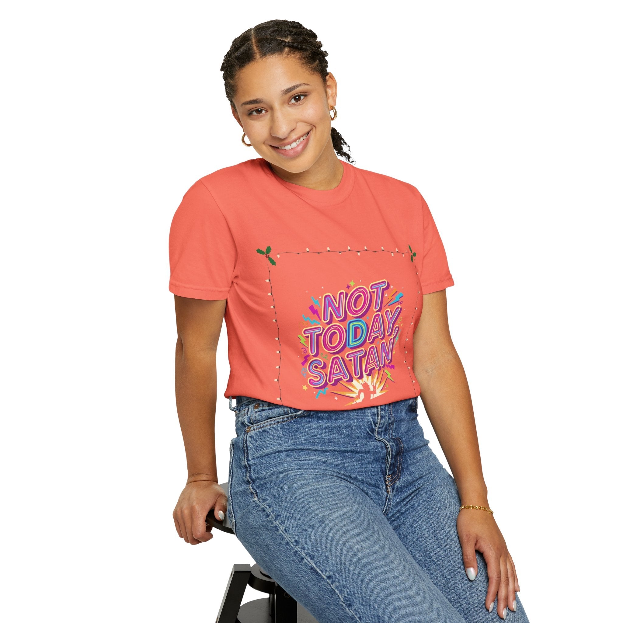 🔥 Not Today, Satan – Retro 90s Christian T-Shirt | Neon Faith Tee | Funky Cartoon Devil | Bold Bible Verse Shirt | Uplifted Gear Printify