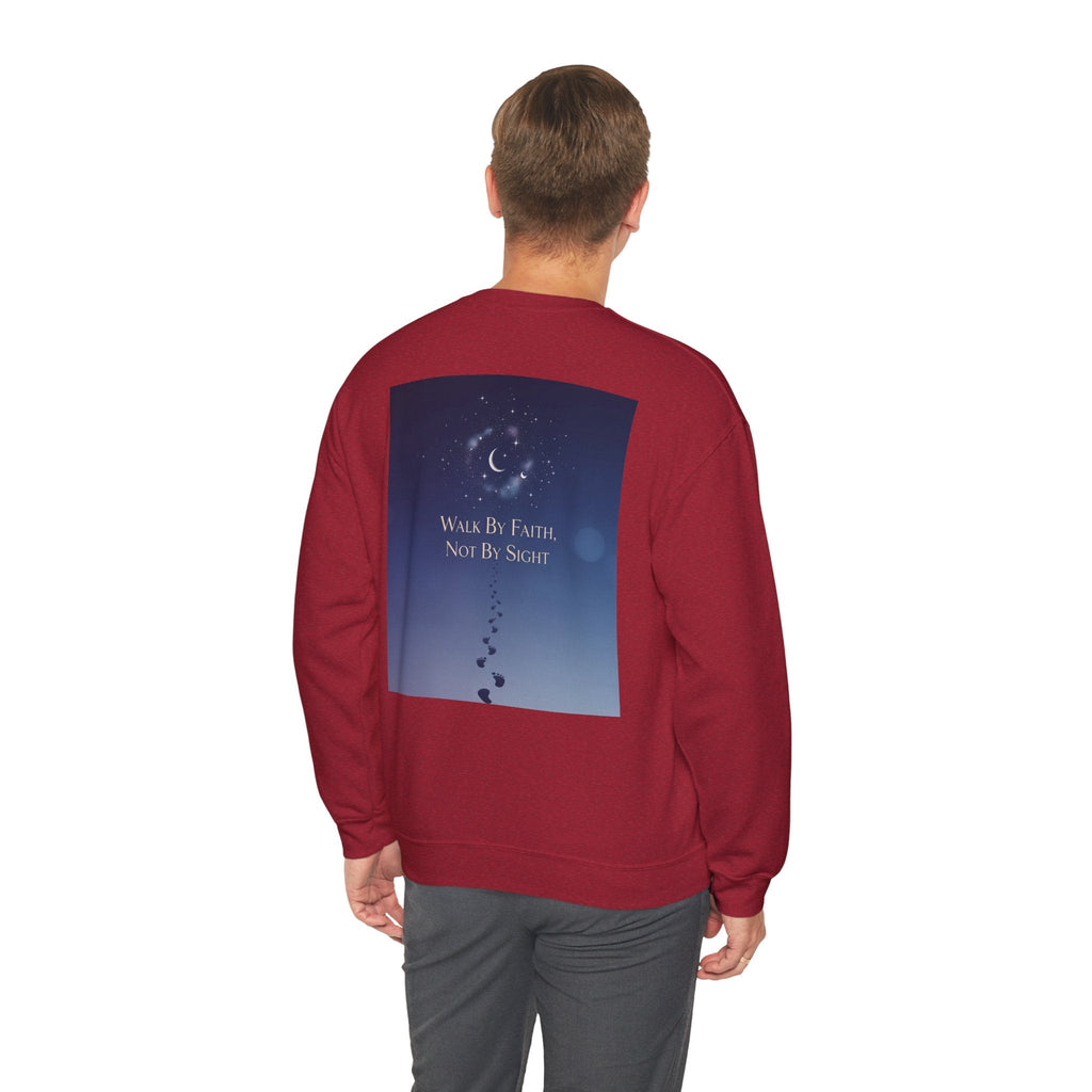 Walk by Faith, Not by Sight Sweatshirt – Moonlit Footprints Christian Sweatshirt for Cozy Nights Printify