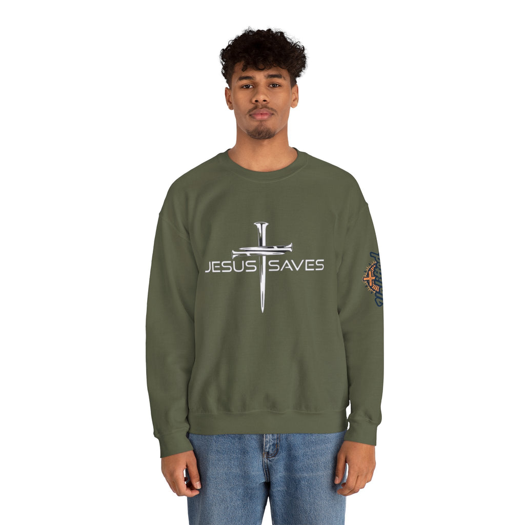 Jesus Saves Sweatshirt – 3 Nails Crucifix Cross Christian Sweatshirt for Redemption Faith & Bold Salvation Printify