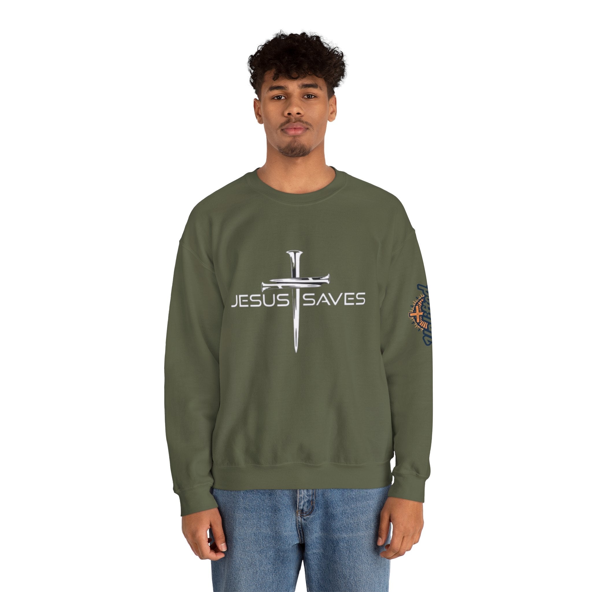 Jesus Saves Sweatshirt – 3 Nails Crucifix Cross Christian Sweatshirt for Redemption Faith & Bold Salvation Printify