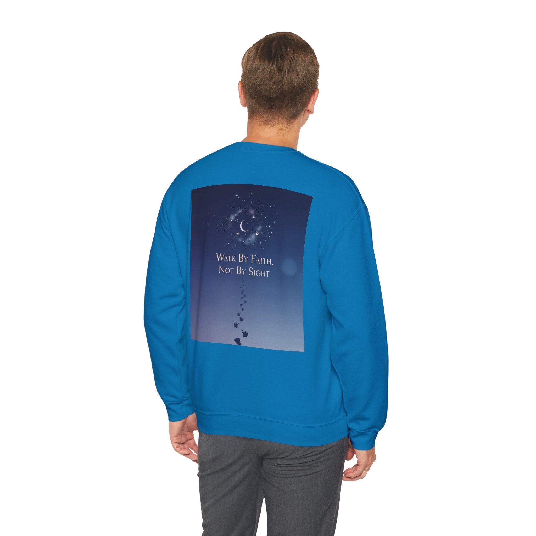 Walk by Faith, Not by Sight Sweatshirt – Moonlit Footprints Christian Sweatshirt for Cozy Nights Printify