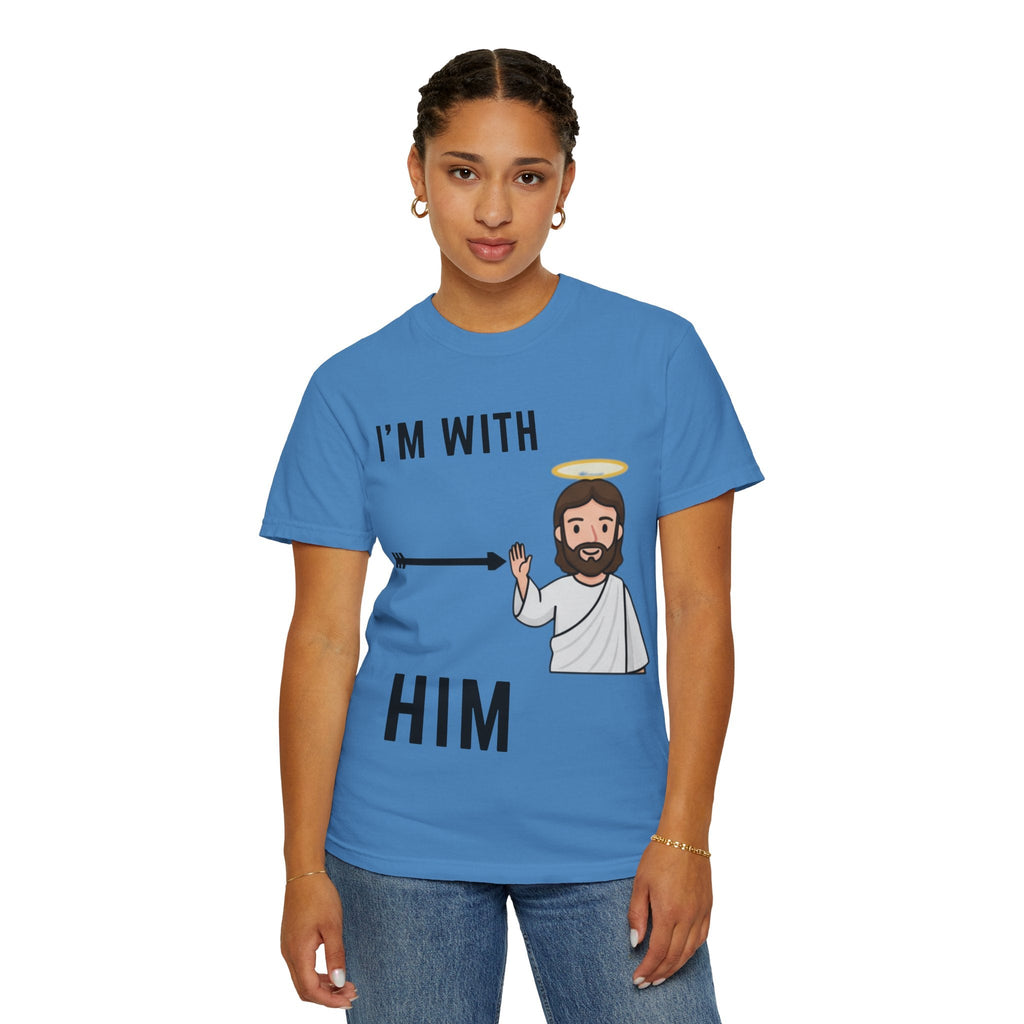 🔥 I’m With Him → Christian T-Shirt | Arrow Pointing to Jesus | Minimalist Faith Tee | Subtle Cross Design | Bible-Inspired Apparel by Uplifted Gear Printify