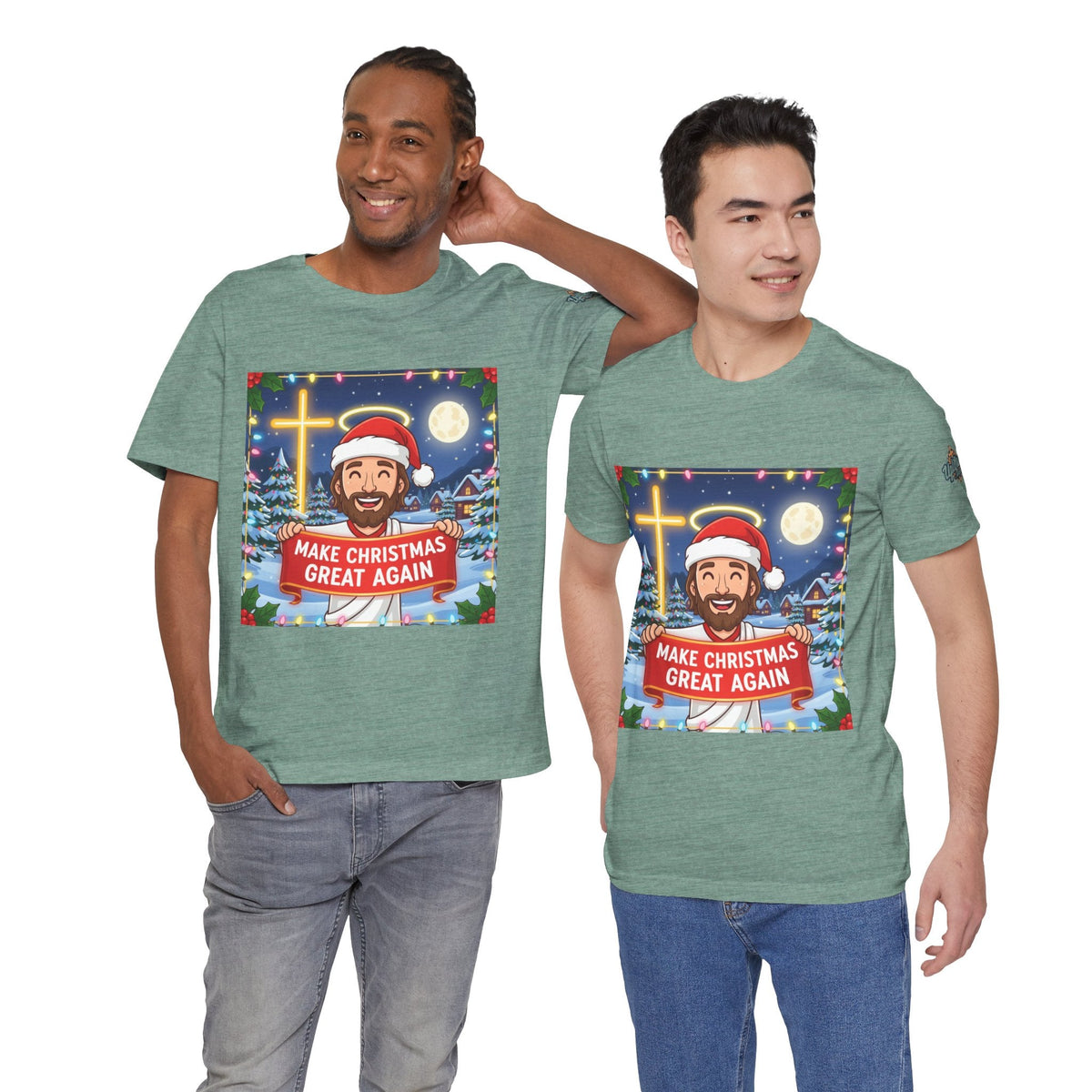 🎄 Make Christmas Great Again – Funny Christian T-Shirt | Jesus Holding Banner | Faith-Based Holiday Parody Tee | Uplifted Gear Printify
