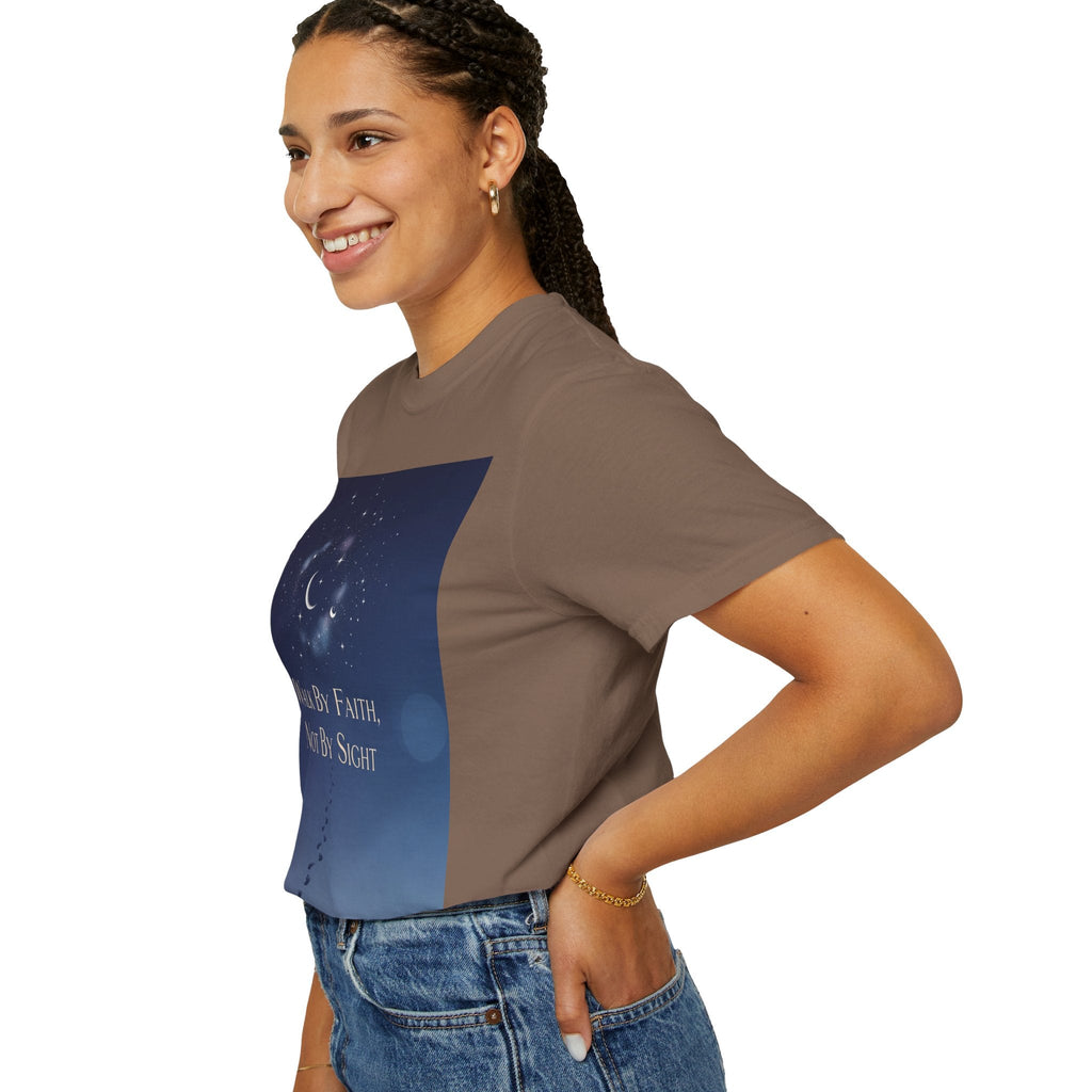 Walk by Faith, Not by Sight T-Shirt – Footprints in the Sand Christian Moonlit Tee Printify