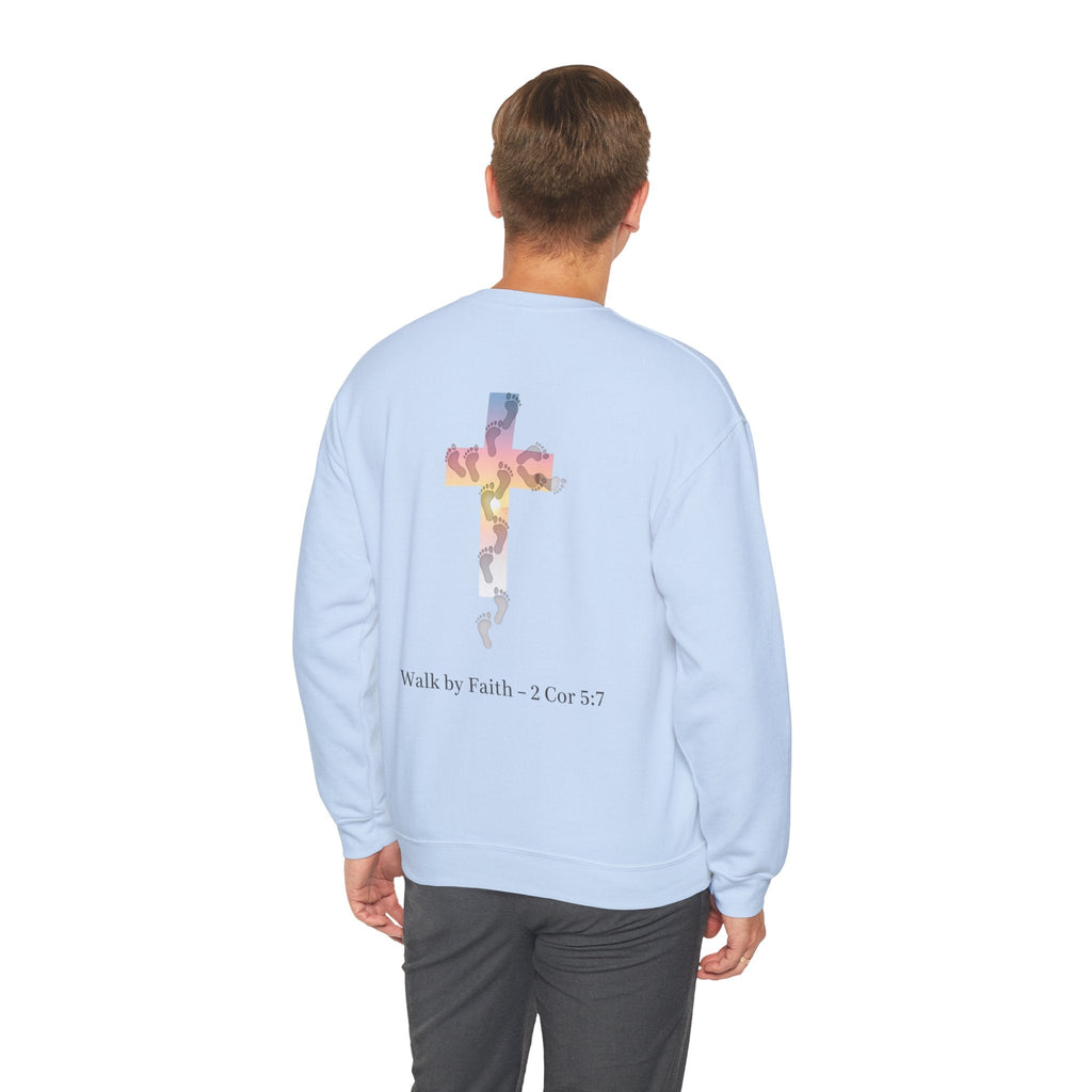 Walk by Faith Sweatshirt – Cross & Footprints Christian Sweatshirt for Cozy Inspiration Printify