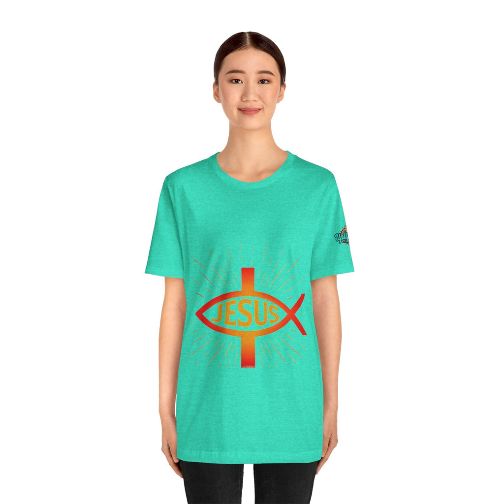 Jesus Ichthys T-shirt – Christian Fish Symbol with Cross & Jesus Inscription T-shirt for Eternal Faith & Streetwear Printify