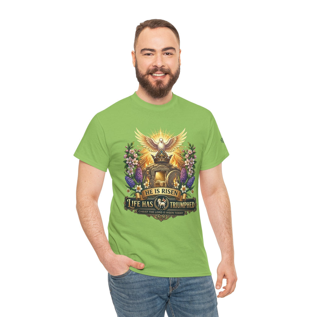 He Is Risen "Life Has Triumphed" T-Shirt — Easter Resurrection Christian Tee Printify