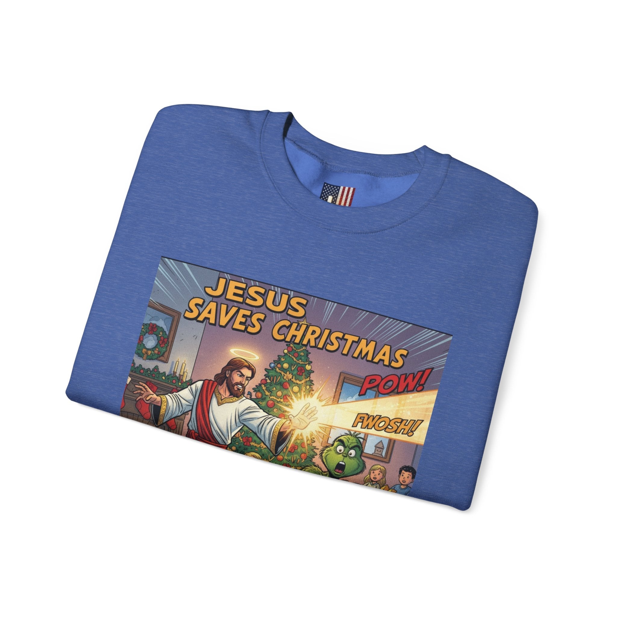 Jesus Saves Christmas Sweatshirt – Grinch vs Savior Light Battle Christian Sweatshirt for Hilarious Holiday Faith & True Joy Printify