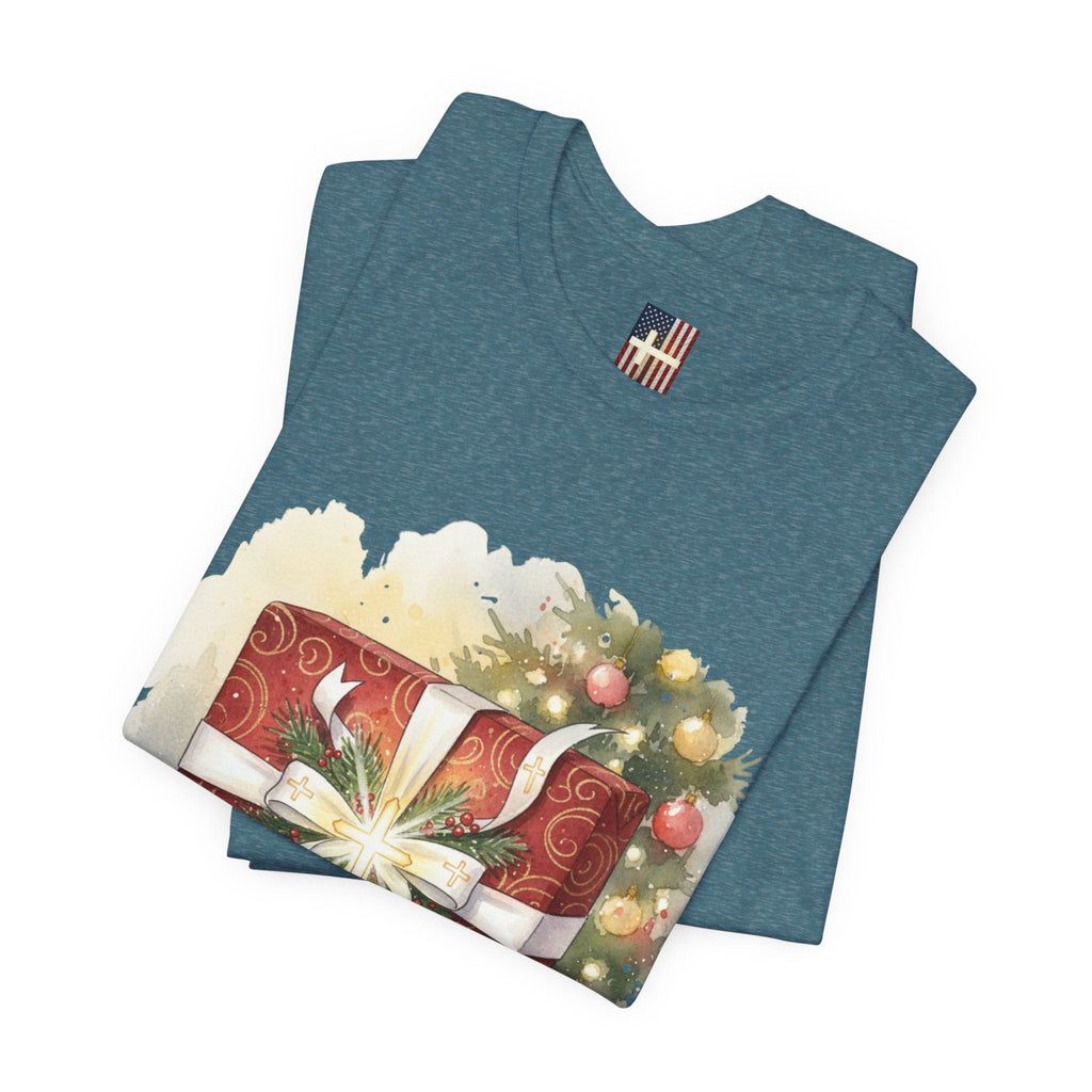 The Greatest Gift T-shirt – Cross Bow Present Christian T-shirt for Christmas Salvation & Eternal Faith Printify